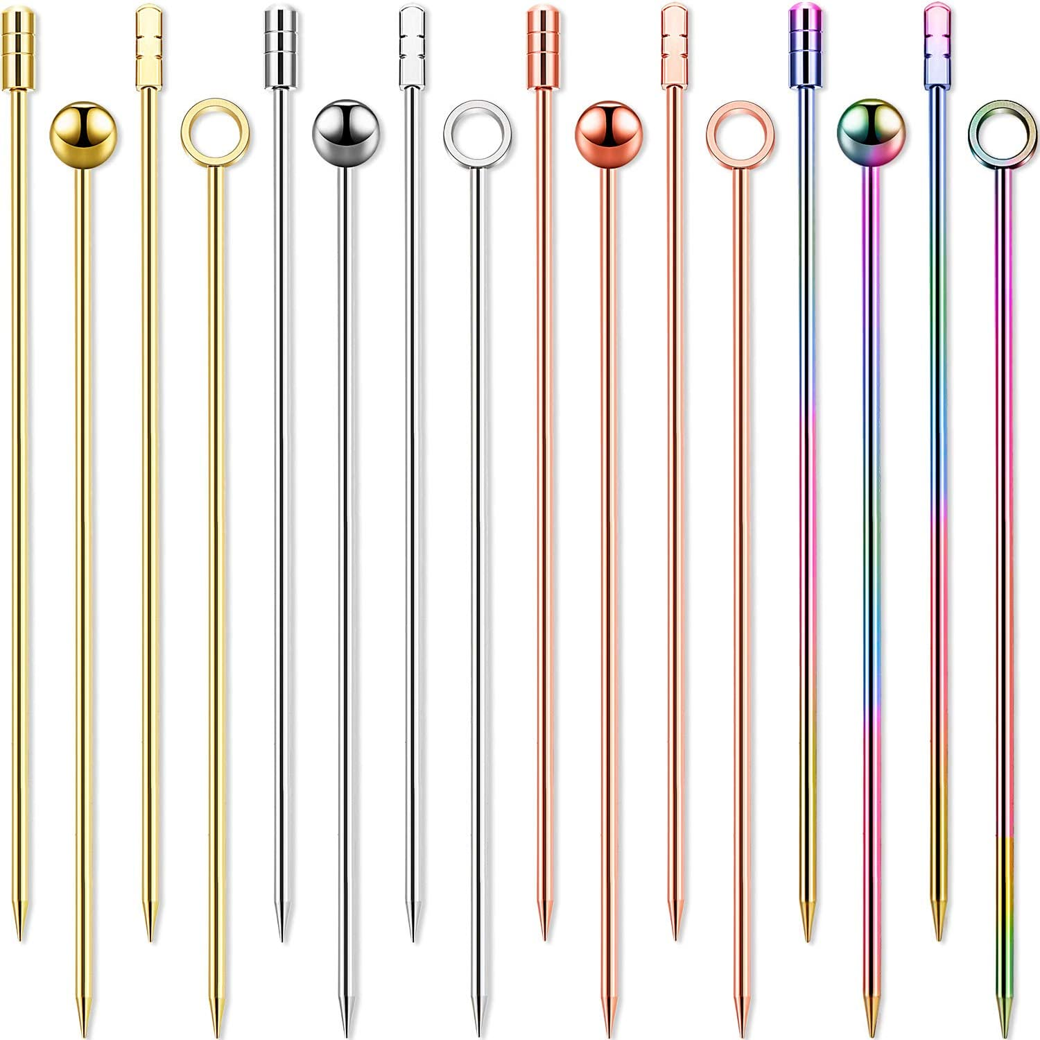 16 Pieces Metal Cocktail Picks for Drinks Martini Picks Cocktail Skewers 4 Inches Reusable Stainless Steel Bloody Mary Garnish Sticks (Silver,Rose Gold)