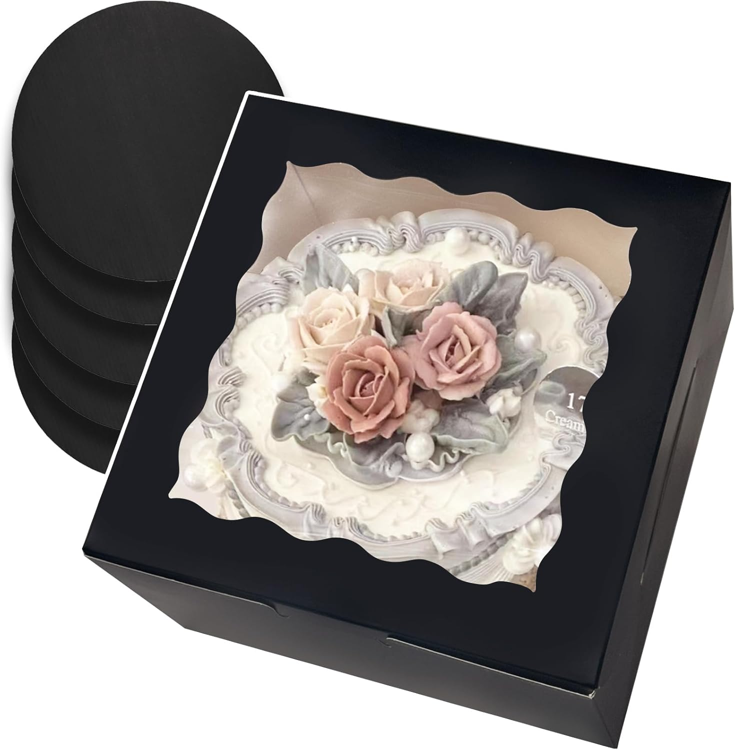 Qiqee 12X12X8 Inch Cake Box, 5 Sets Pink Cake round Boards ＆ 5 Sets 12 Inch Pink Cake Box with Window, Cake Containers(30.48X30.48X20.32Cm)