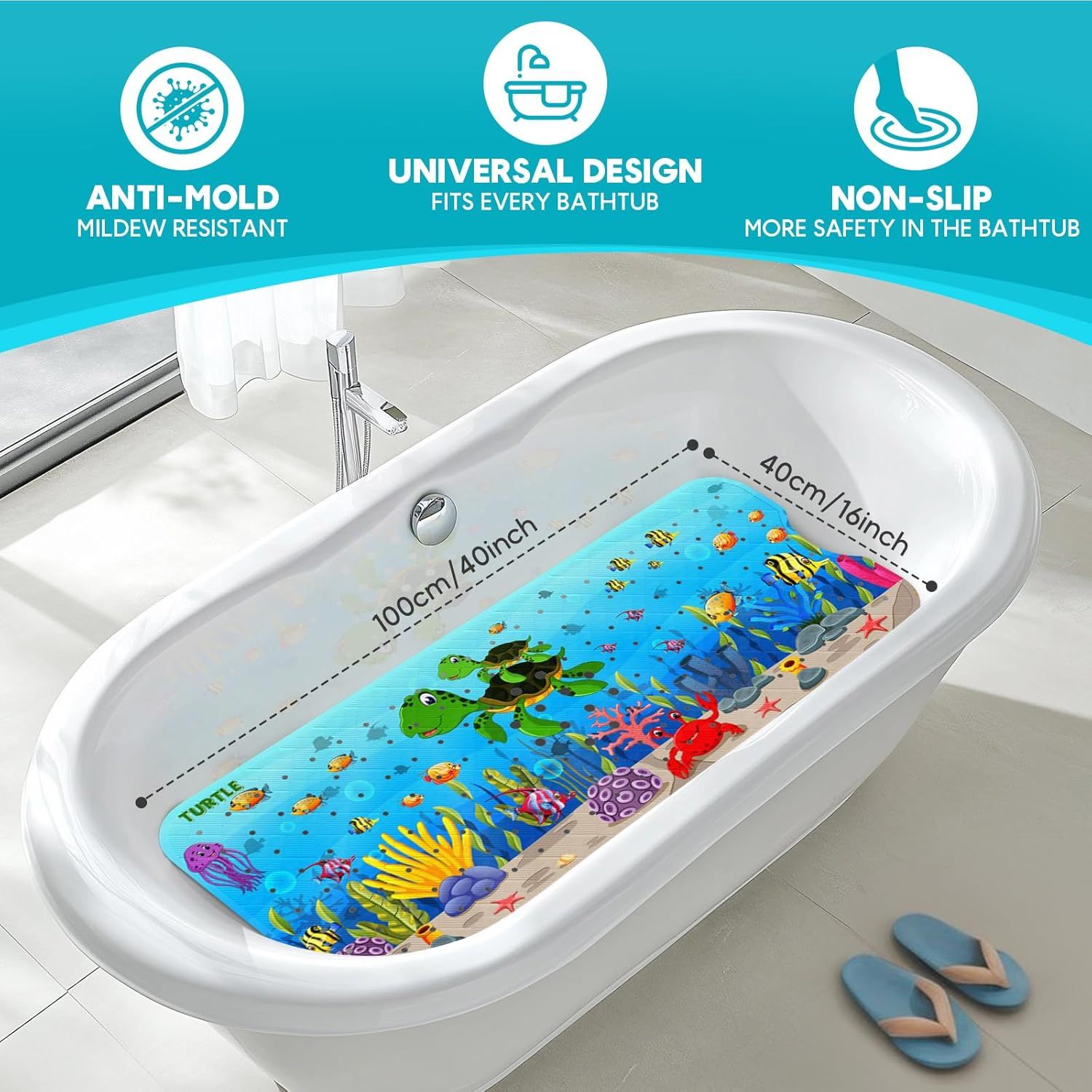 XIYUNTE Baby Bath Mat Non Slip anti Mould, 100X40Cm Extra Long Bathtub Mat anti Slip Shower Mat with Suction Cups and Drain Holes, Cartoon Patterned for Kids, Machine Washable, Sea Turtle image number 6