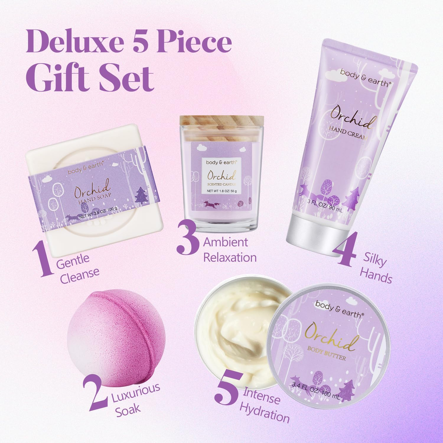 Body & Earth Bath Spa Gifts for Women - Gift Set for Women, 5 Pcs Bath Set with Orchid Scented Candle, Body Butter, Hand Cream, Bath Bar and Bath Bomb, Birthday Gifts Box for Women, Valentines Day Gifts. image number 5
