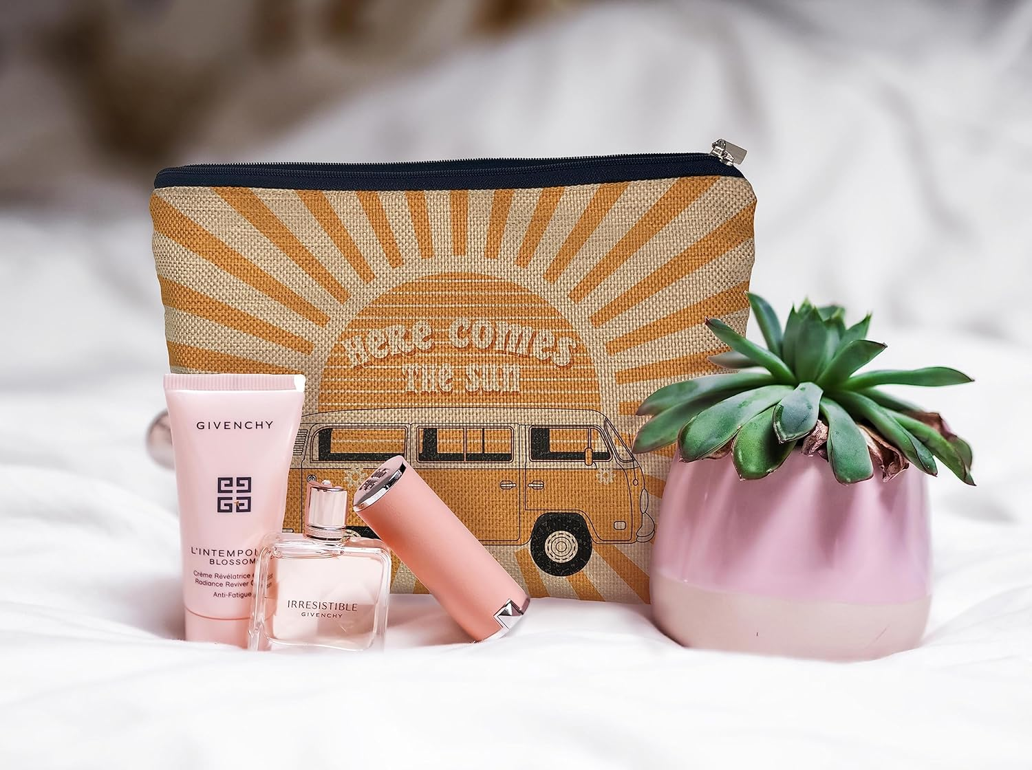 Ayxvt Here Comes the Sun Retro 70S Hippie Orange Bus Sunshine Ray Cosmetic Bag Decorative Women'S Makeup Bag, Yellow image number 5