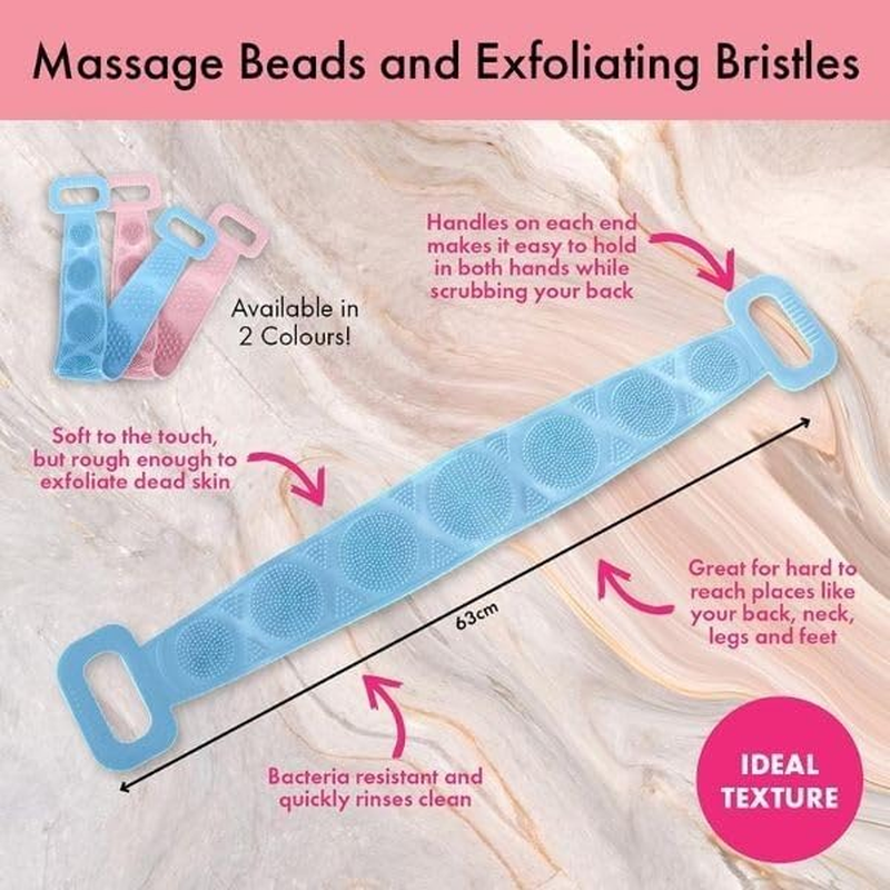 Swosh Silicone Exfoliating Back Strap & Scrub with Handles, Blue/Pink, 11.5 Cm X 63 Cm Size image number 3