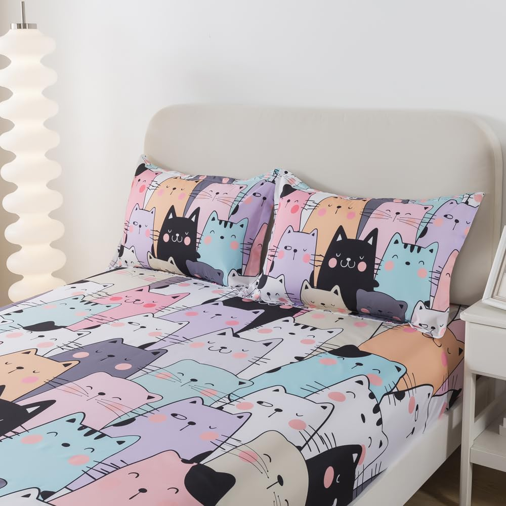 ADASMILE a & S Kids Bedding Cartoon Cat Sheet Set Queen Size for Girls Teens 4 Pieces Kawaii Cat Animal Bed Sets with Kitten Fitted Sheet 1 Flat Sheet 2 Pillowcases All Season Bedroom Decor image number 6