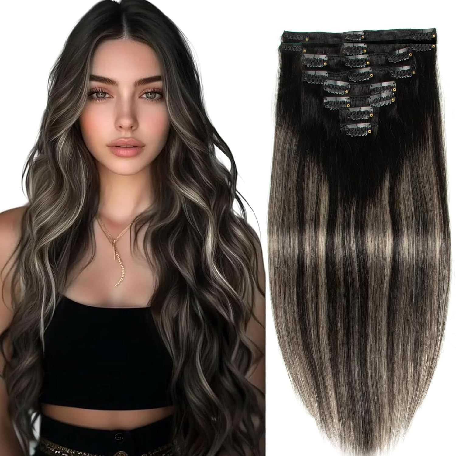 Clip-In Hair Extensions, Real Hair, Balayage, Honey Blonde to Blonde, Clip in Hair Extensions, 100G, 100% Remy Human Hair for Women, Straight, 8 Pieces with 18 Clips, Double Weft, 20 Inch