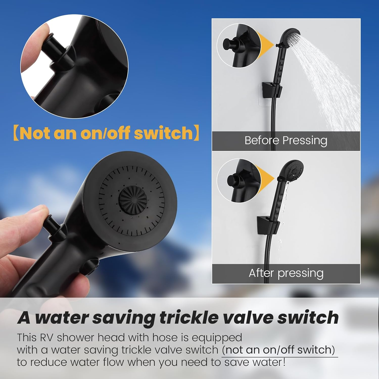 RV Shower Head with Hose, RV outside Shower Parts with Pause Function, Outdoor Shower Replacement for RV, Camper, Van, Travel Trailer, Motorhome and Boat (Black) - White image number 3