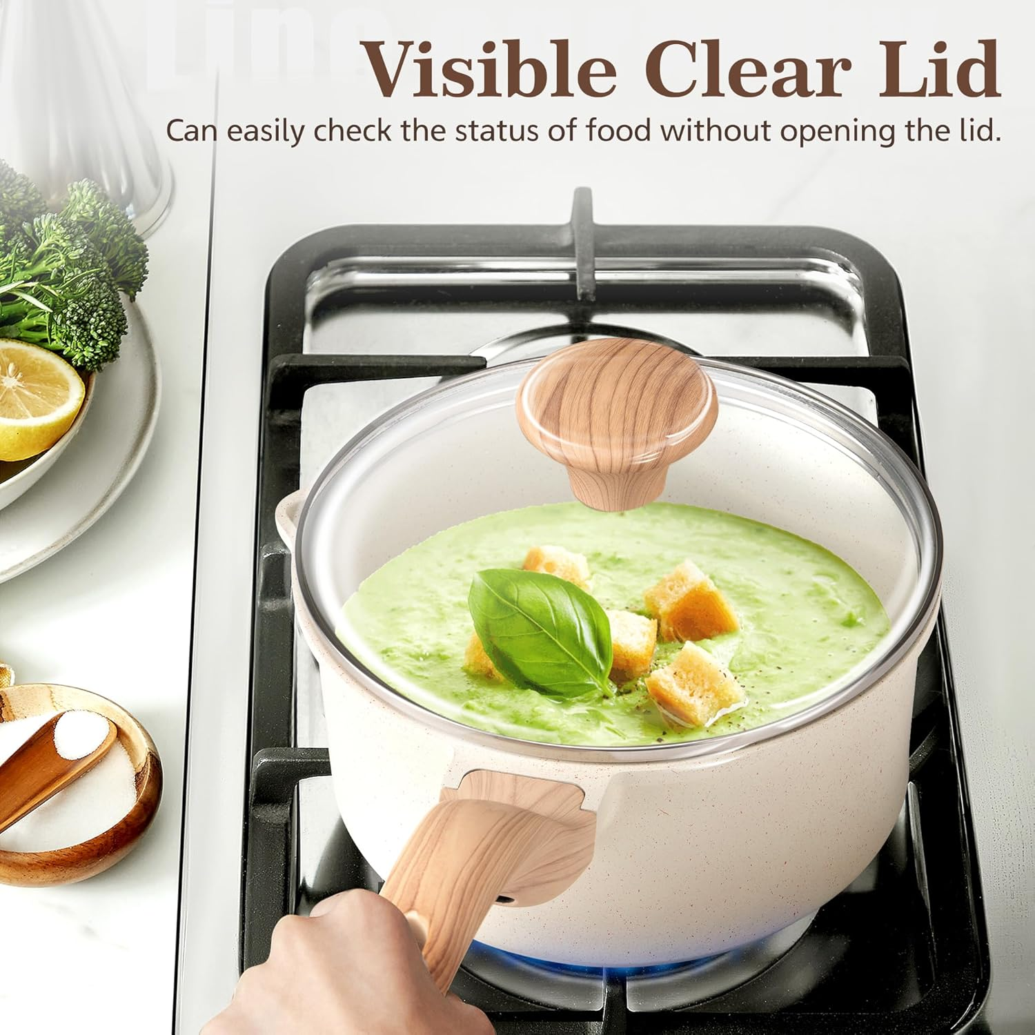 Zuni 13 Pcs Pots and Pans Set, Nonstick Ceramic Cookware Set, Non-Toxic Cooking Utensils Set Includes Frypan, Saucepan, Stockpot, Spatula & Spoon Tools and Pot Protectors, PFOA & PFOS Free, White image number 5