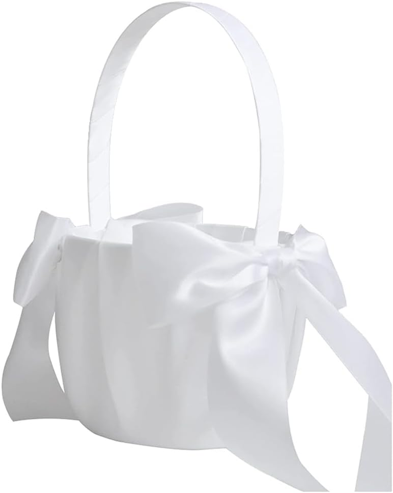 Veumoie 2 Piece White Flower Girl Basket Wedding Basket for Flower Cute Satin Flower Girl Basket image number 5