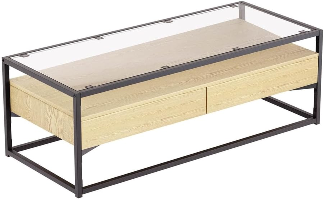 Artiss Coffee Table, Square End Tables 5MM Tempered Glass Tabletop for Home Furniture Living Room, Metal Frame Bedside Storage Modern Design with 2 Drawers Shelf Pine image number 6