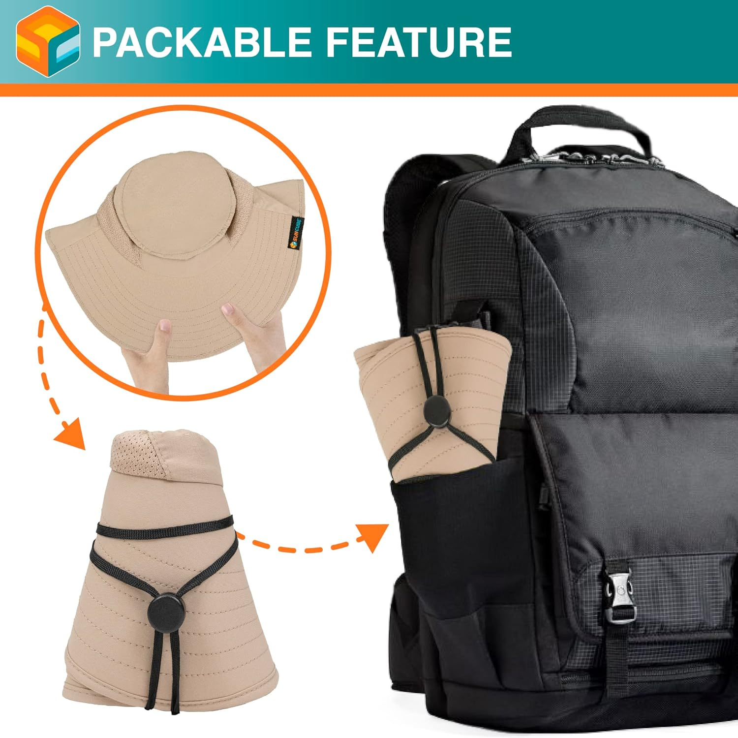 SUN CUBE Wide Brim Sun Hat with Neck Flap, UPF50+ Hiking Safari Fishing Hat for Men Women, Sun Protection Beach Hat, Tan with Bow, One Size image number 1