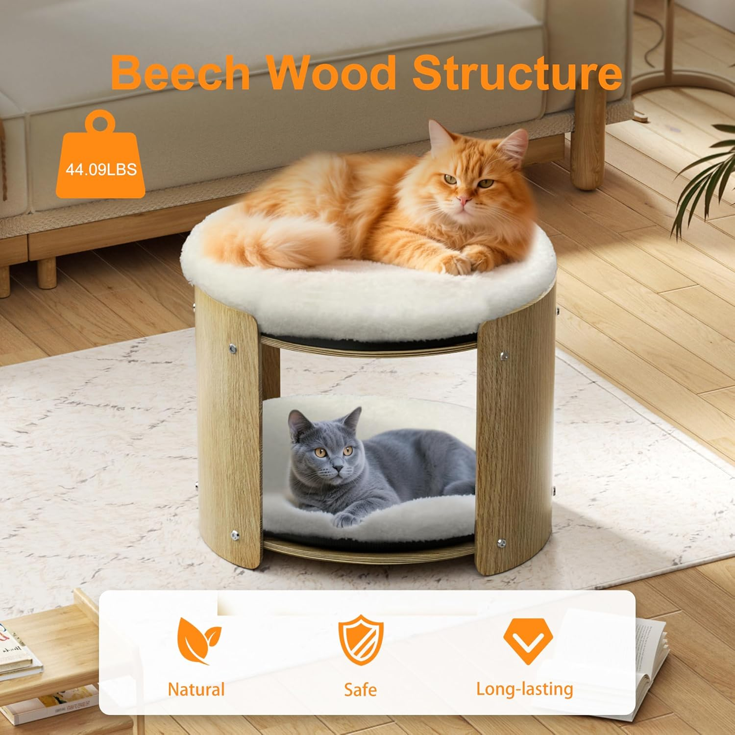 Bingopaw Elevated Cat Bed: 2-Tier Cat Stool for Indoor Cats, Beech Wood Frame Double Kitten Bunk Bed Pet Furniture with Super Soft Plush Mats More Thicker image number 6