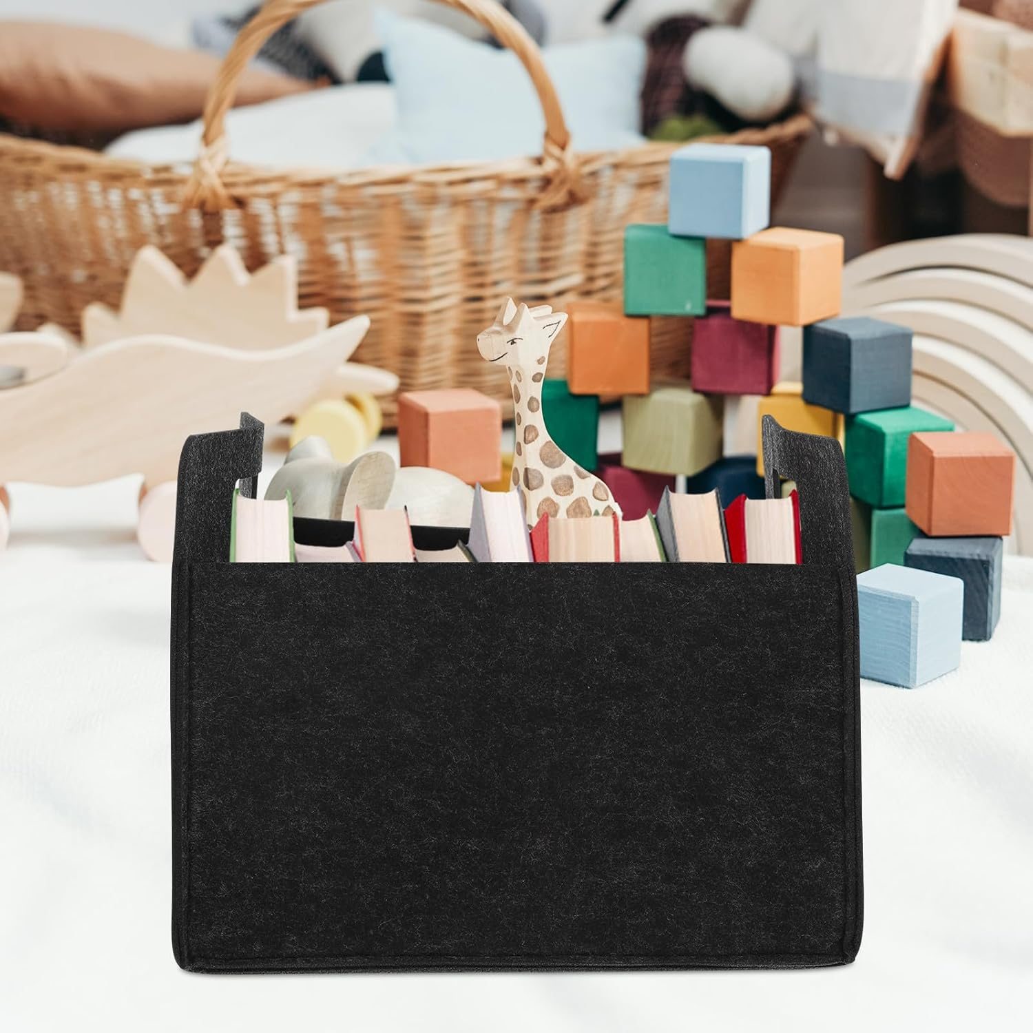 CHICAMPERA Foldable Felt Storage Basket with Handles, Collapsible Fabric Bin for Books, and Office Organization, Deep Grey Felt Basket for Home, Classroom, and Shelf Storage image number 6