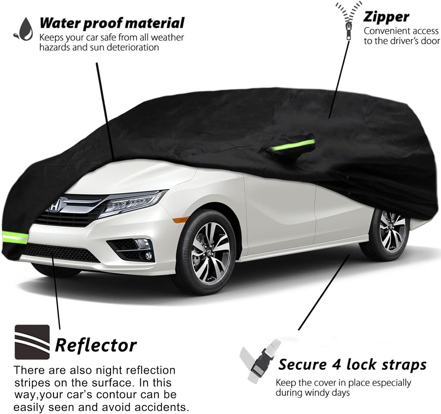 YIXIN Waterproof Car Cover Cover for 2005-2026 Honda Odyssey Minivan 190T Custom Fits 100% Water Resistant Wind Belt and Single Door Zipper, up to 205" L (Black-For Honda Odyssey)