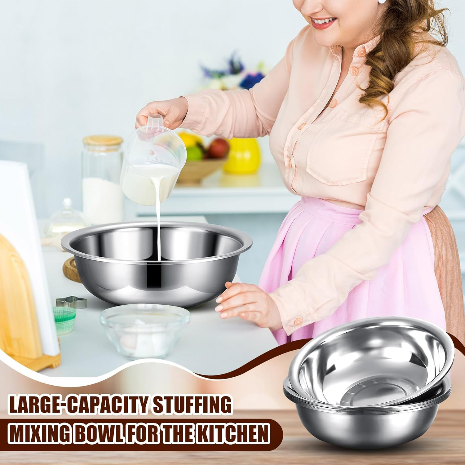 Nuogo 4 Pcs Stainless Steel Mixing Bowls Metal Mixing Bowls Extra Large Basin Salad Basin Deeper Edge Dishwasher Safe Mirror Finish for Home and Commercial, Silver (13 Inch 8 Qt)