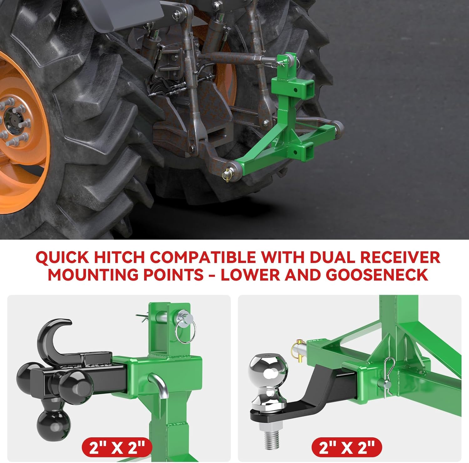 Green 3 Point Hitch Receiver with Dual 2&rdquo; Receiver, 3 Point Trailer Hitch for Tractor, Fit for Standard/5Th Wheel/Goose Neck Connections, 3 Pt Quick Hitch Farm Equipment and Subcompact Trailer Hitch image number 5