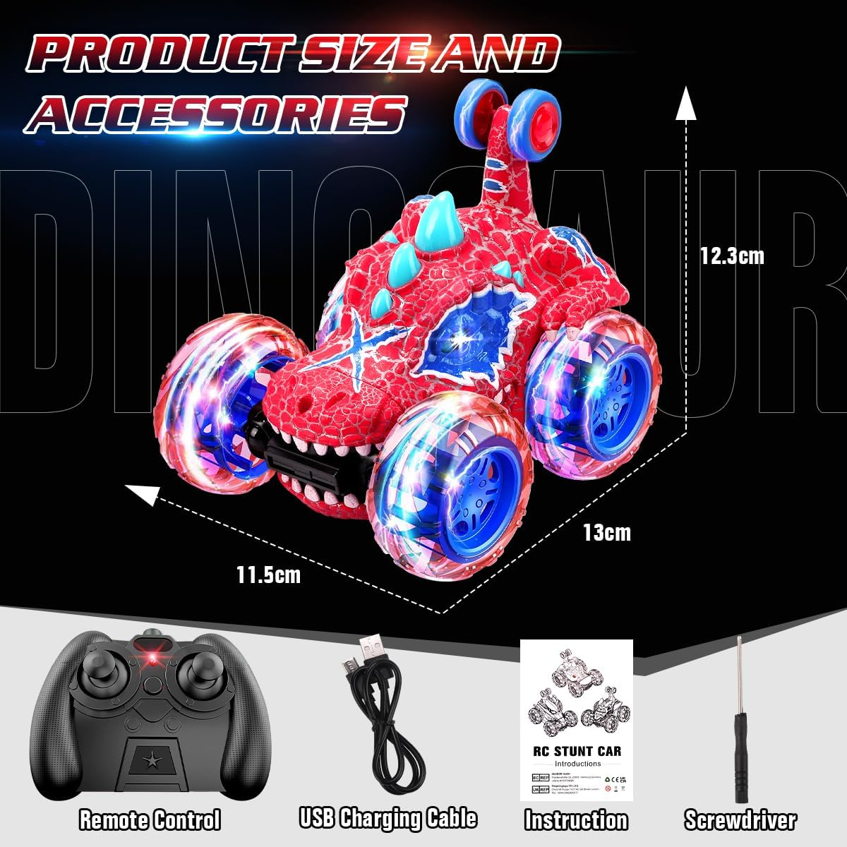 REMOKING Remote Control Car for Kids Age 3-8, 2.4Ghz Dinosaur Toys RC Car 360&deg;Stunt Rotation, 4WD Wheel with Cool Lights,Rechargeable Vehicle Outdoor Game for 3 4 5 6 Year Old Boy Gift image number 3