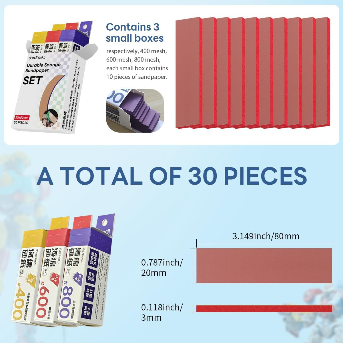 Stedi Sanding Sponge for Model Gundam Building,3Mm Hobby Model Tools Hand Sanding Block Waterproof Wet Dry Reuse #400#600#800 Grit Sandpaper, 30 Sheets image number 5