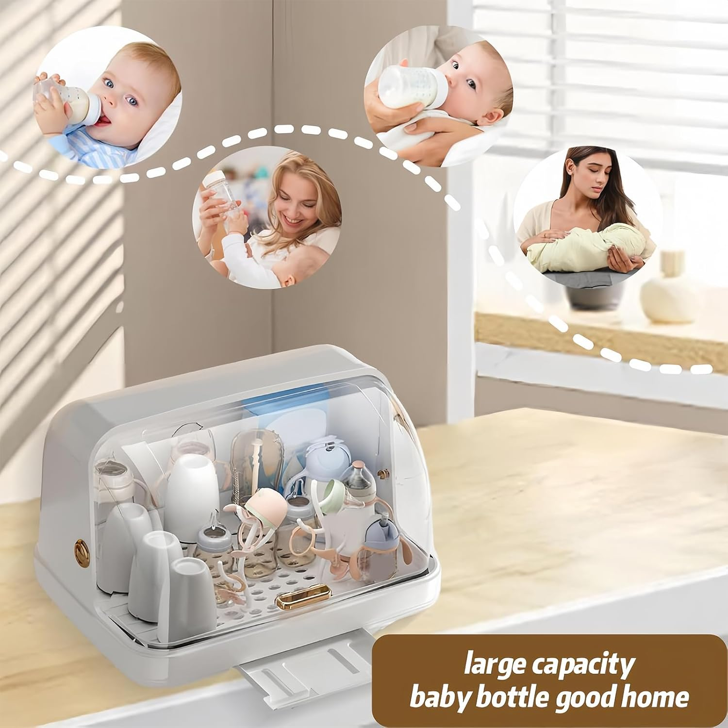 Baby Bottle Drying Rack with Cover, Nursing Bottle Storage Box, Large Capacity Organizer for Countertop, Portable Sturdy Storage Box | Nursing Bottle Dryer (White) image number 1