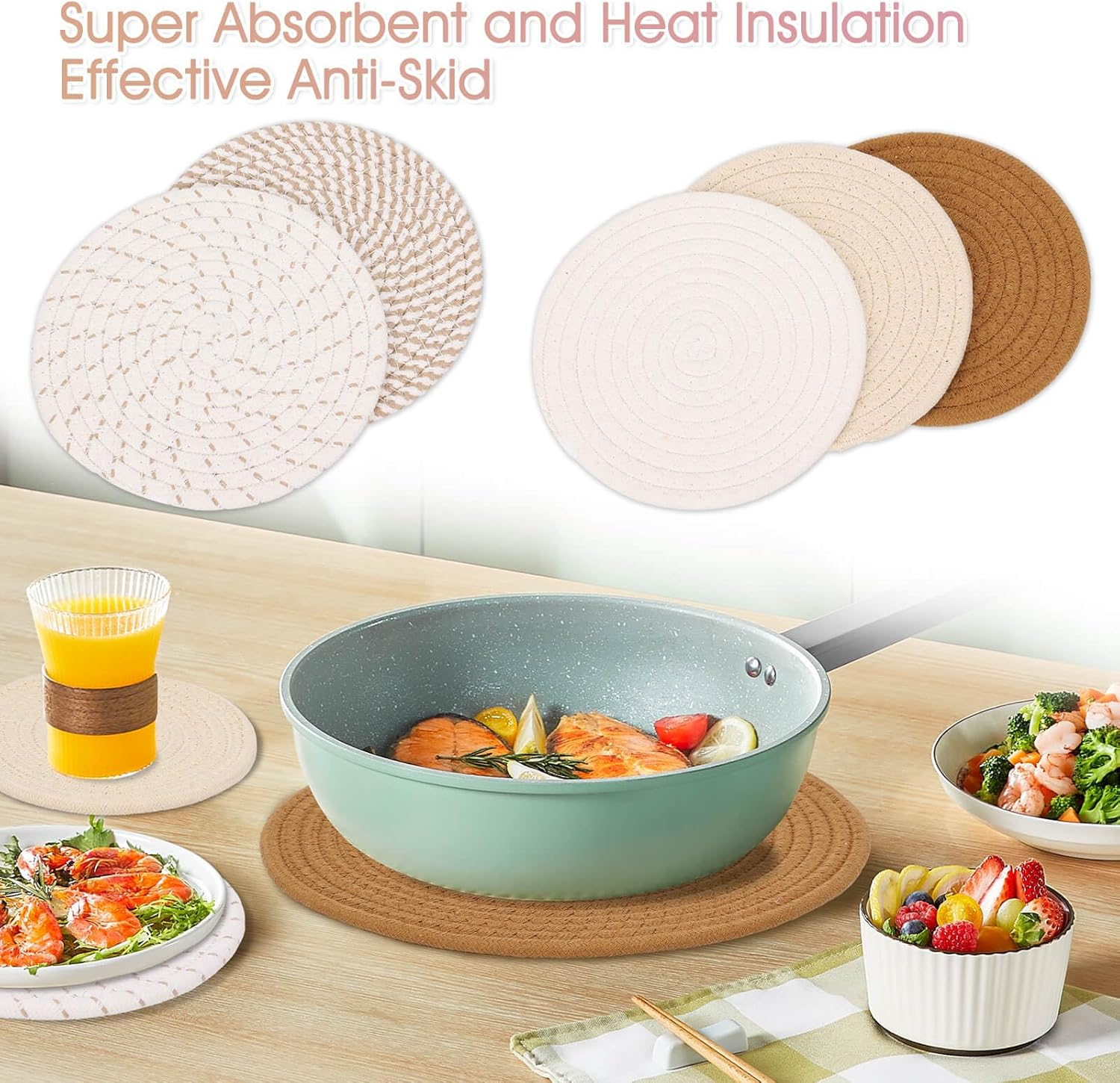 Trivets for Hot Pots and Pans, 6 Pieces Boho Rivets for Hot Dishes, Pot Holders for Kitchen, Hot Pads for Countertops, Boho Home Decor, House Essentials for New Home, 11.8 Inches and 7 Inches