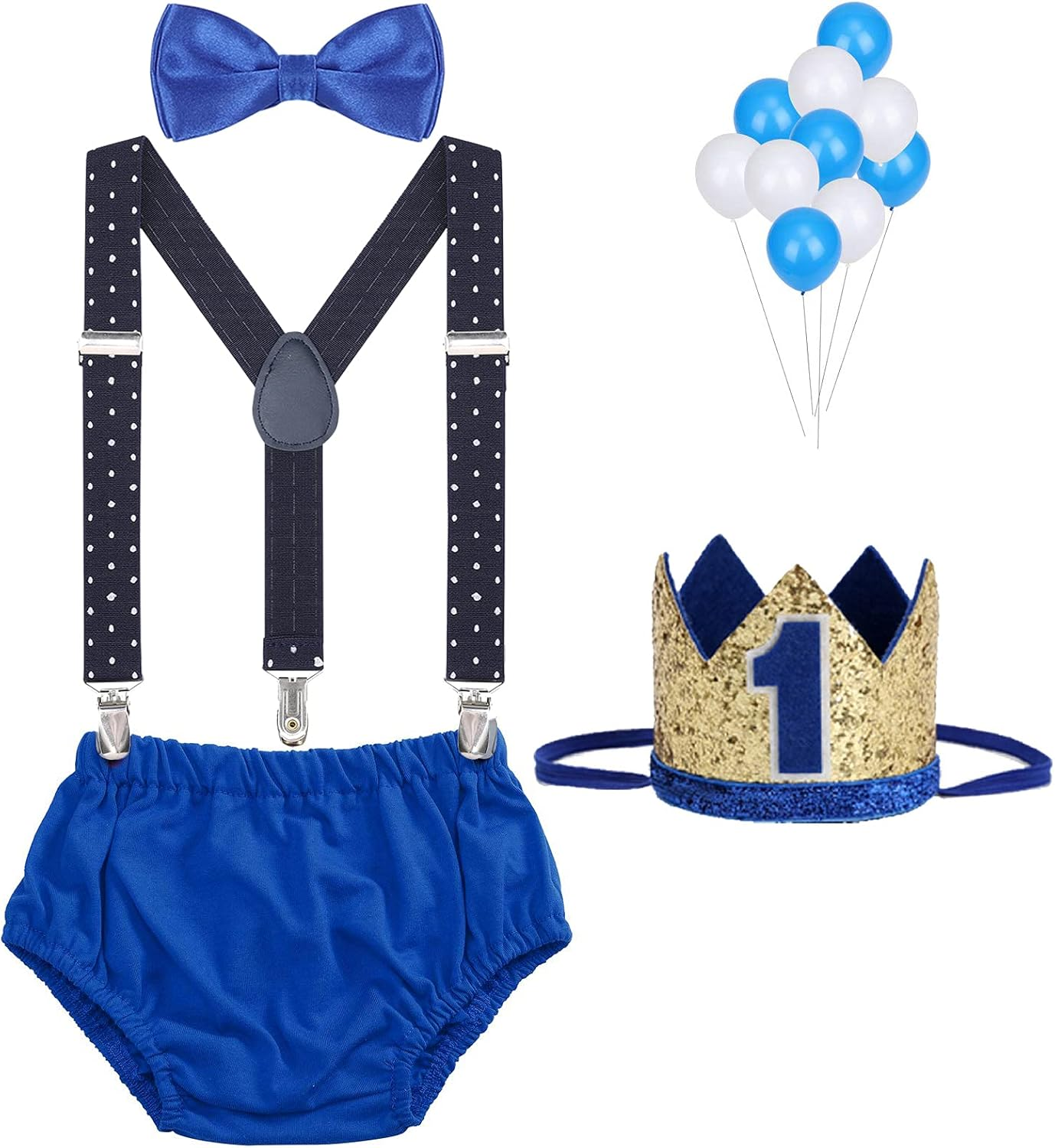 WELROG Baby Boys First Birthday Cake Smash Outfit Bow Tie Suspenders Bloomers Birthday Hat Sparkle Gold