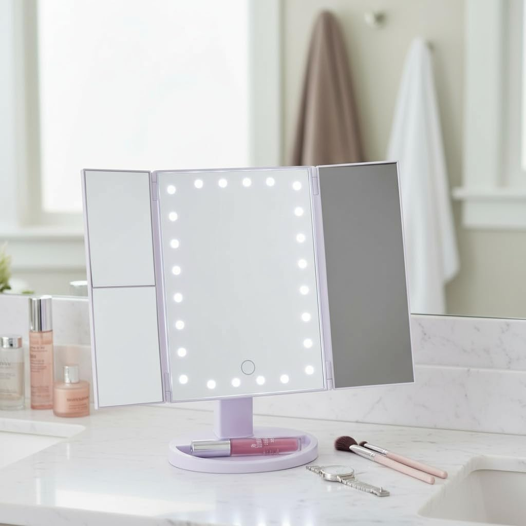 3 Pagen LED Vanity Mirror - Makeup Mirror with Lighting - Makeup 3X/2X/1X Magnifying Mirror with Dimmable Light - 24 Leds - Battery Operated & USB Cable Use - White image number 4