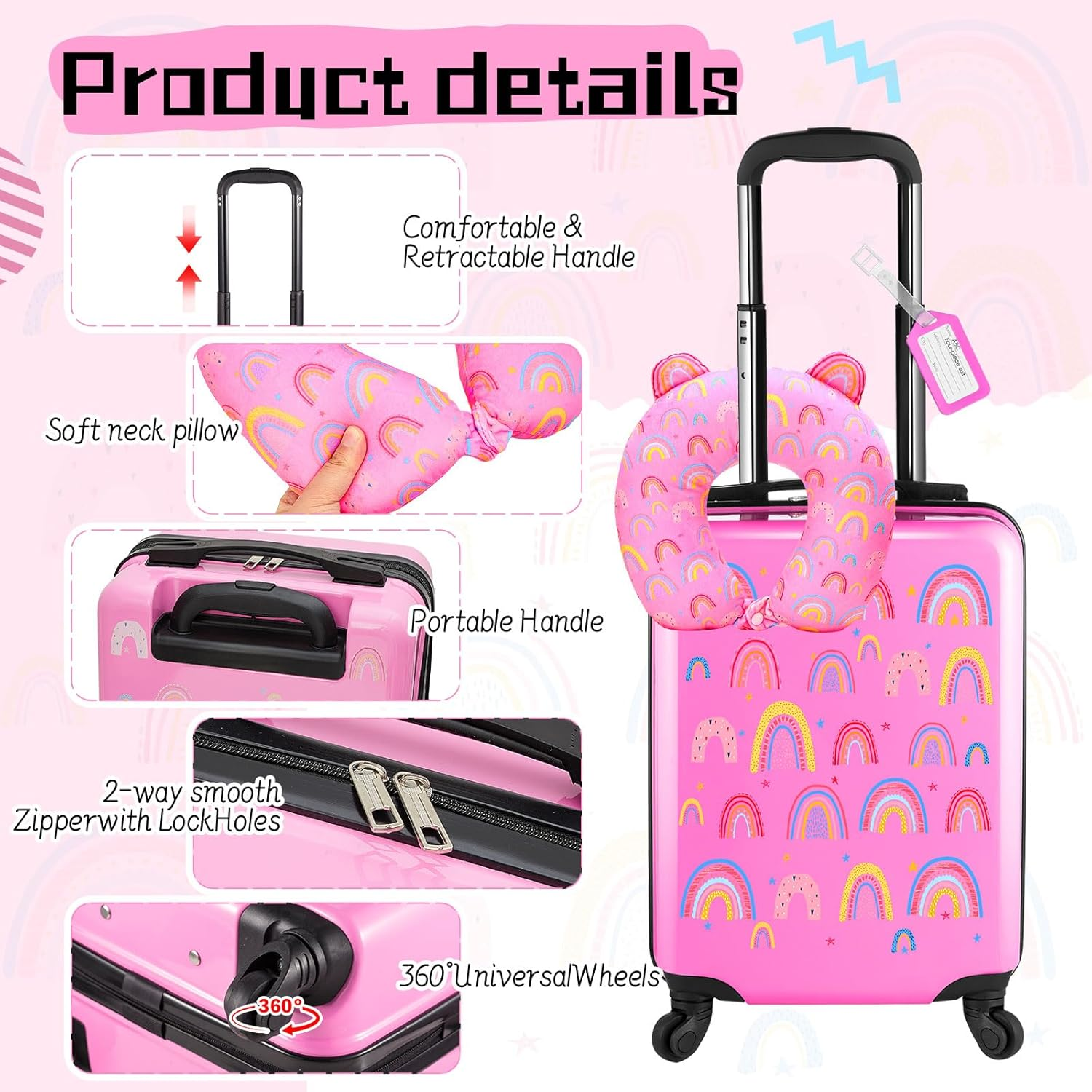 Sanwuta 4 Pcs Kids Luggage Set Kids Backpack Travel Rolling Suitcase with Wheels U-Shape Pillow Childrens Gift for Girls Boys, Rainbow Pink, 17 Inch, Rainbow Style