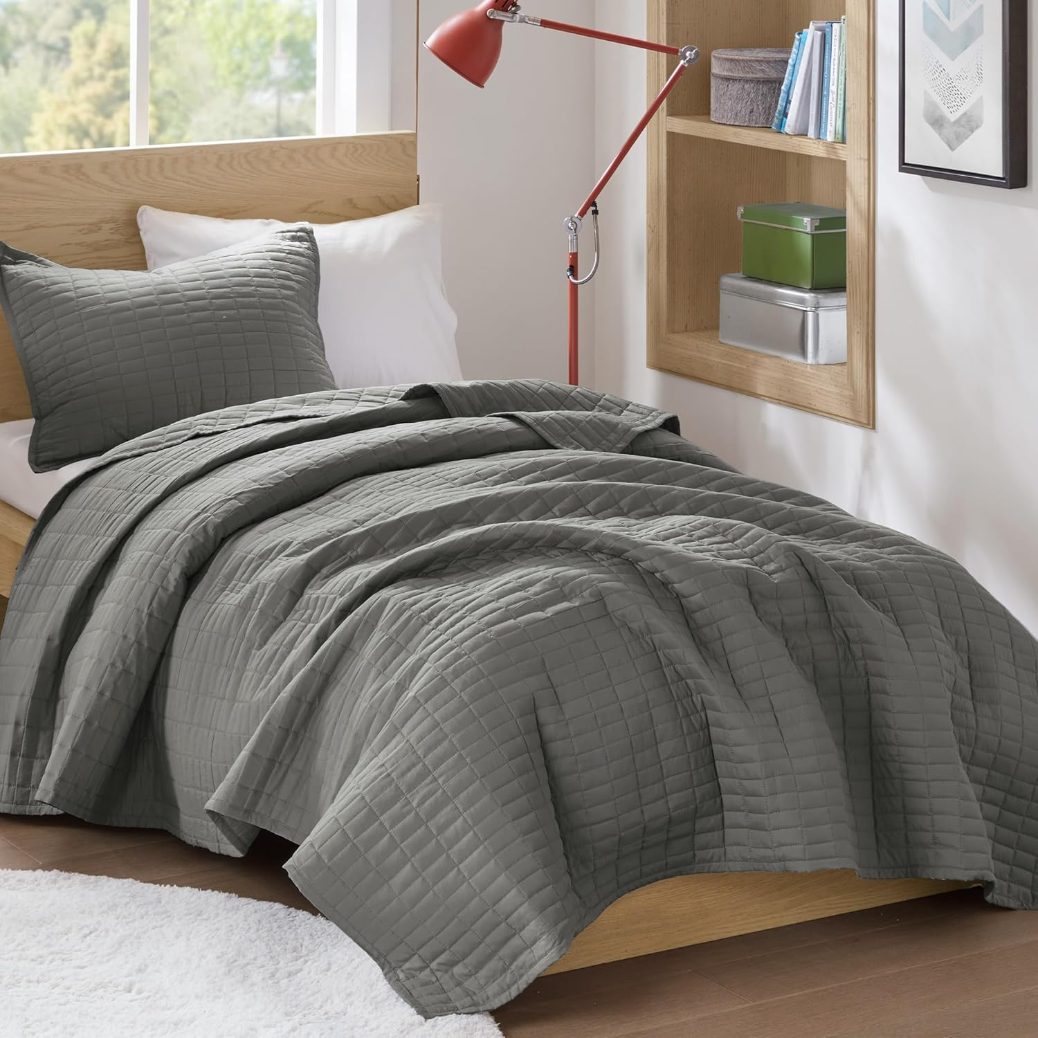 Comfort Spaces Kienna Quilt Set-Luxury Double Sided Stitching Design Summer Blanket, Lightweight, Soft, All Season Bedding Layer, Matching Sham, Charcoal Grey, Coverlet King (104"X90") 3 Piece