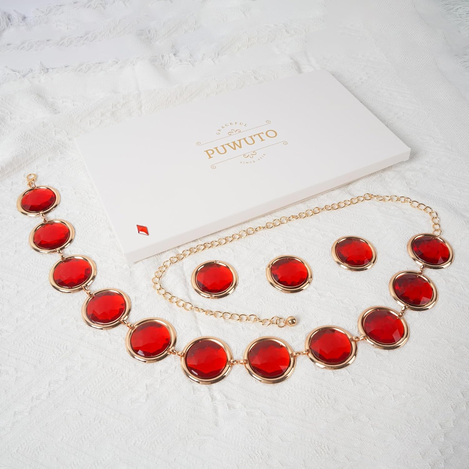 Puwuto Red Gem Waist Belt for Anime Cosplay - Adjustable Stone Chain Western Rhinestone Costume Accessory for Women Halloween Props, Red, Medium