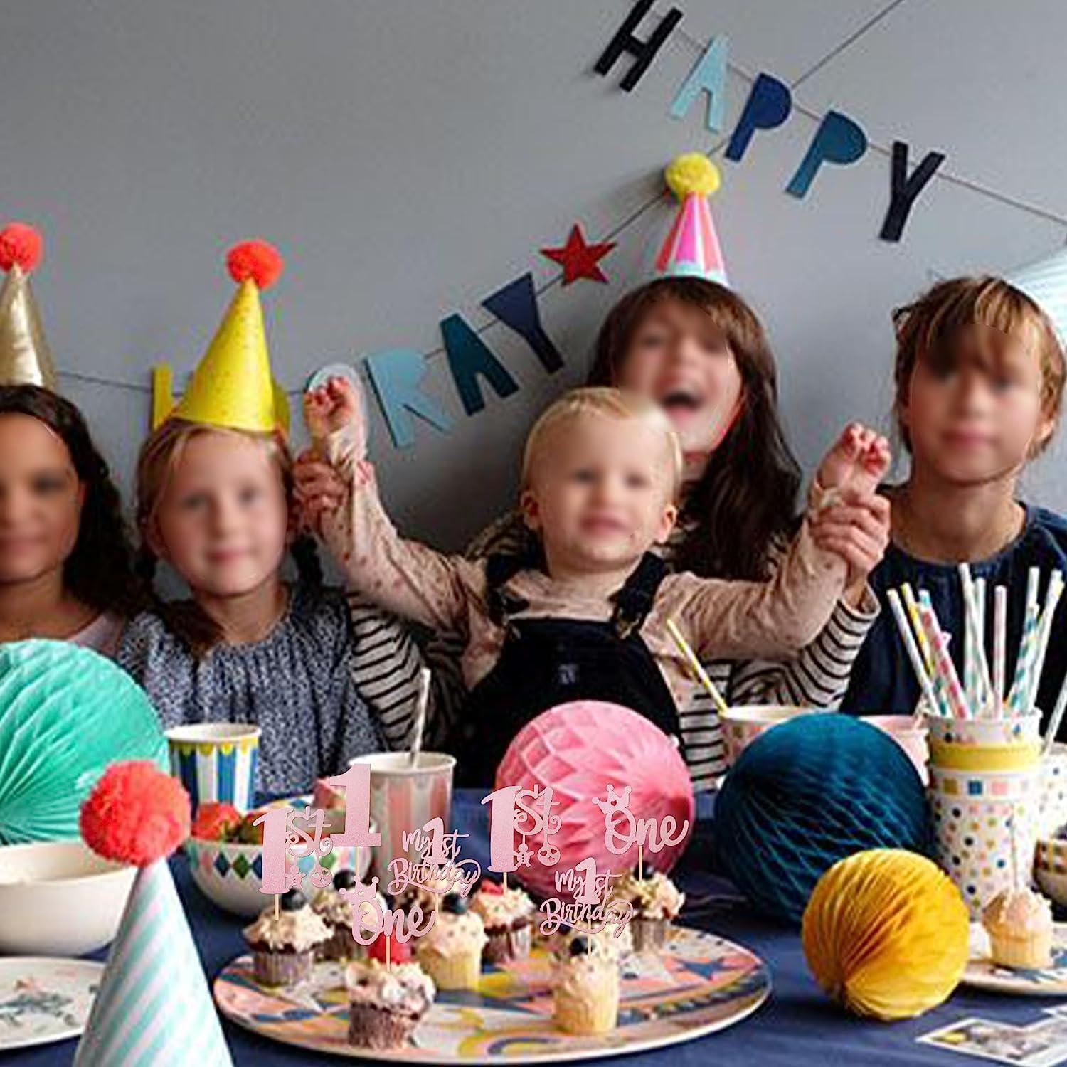 SYKYCTCY 24 Pack One Birthday Cupcake Toppers Glitter Happy 1St Birthday Cupcake Picks Crown Happy Birthday Cake Decorations for First Baby Shower Anniversary Party Supplies (Pink)