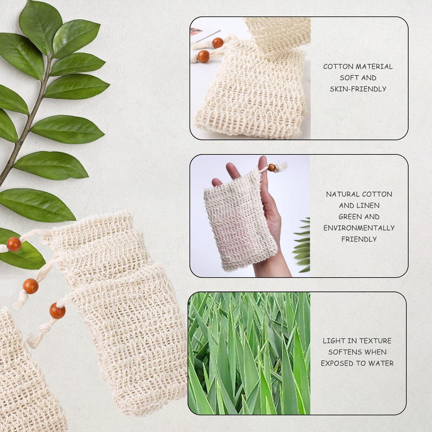 RIBHNXHI 4 Pack Soap Bag, Natural Sisal, Exfoliating Body Scrub Container for Bathroom, Plastic-Free Soap Saver, Quick-Drying Mesh Pouch with Hanging Loop Holder image number 3