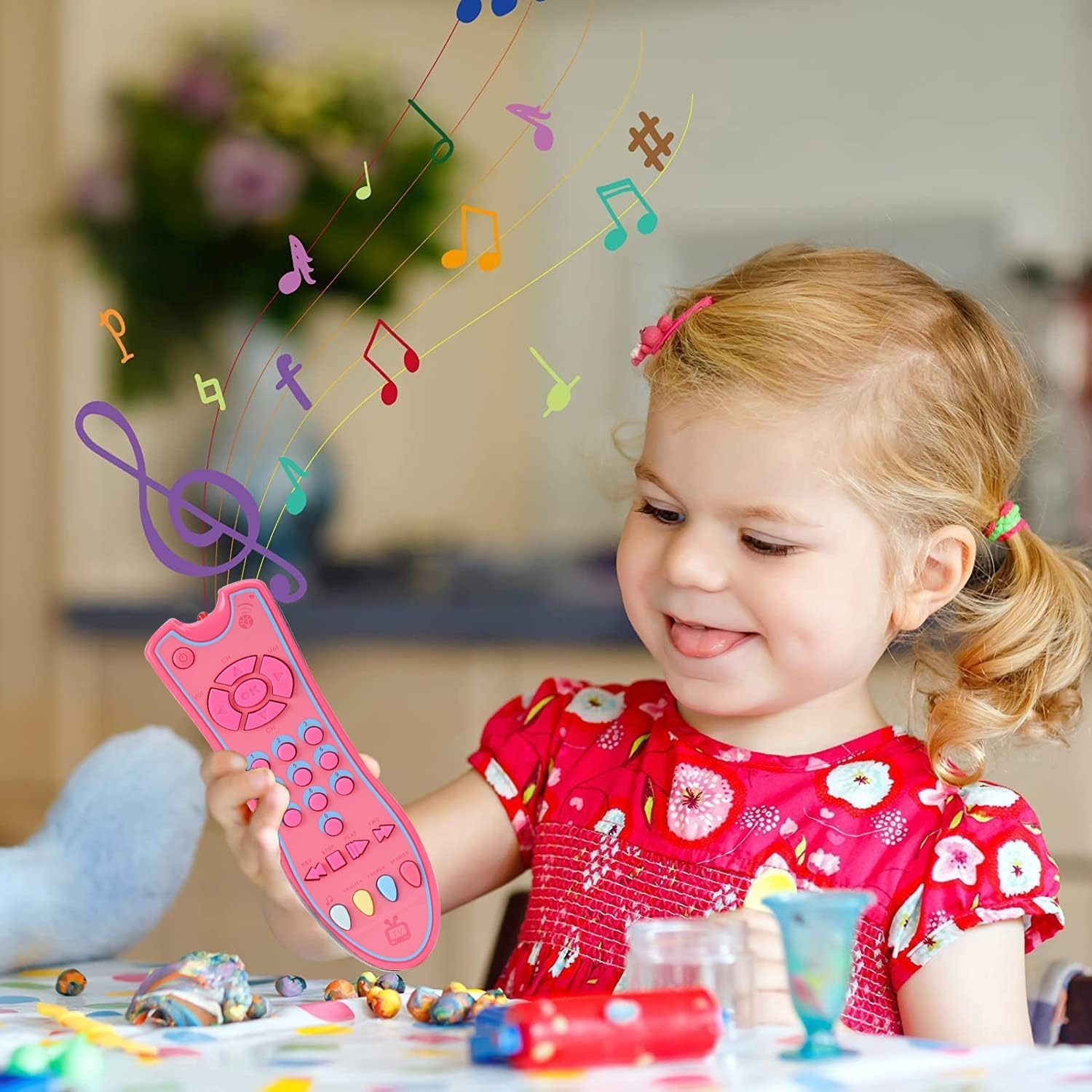 Kids Realistic TV Remote Control Toy with Musical Sound and Soft Light, Early Educational Toy with English Spanish and French 3 Language, Sensory Learning Toys for 6 12 18 Months+ Toddlers (Pink) image number 1