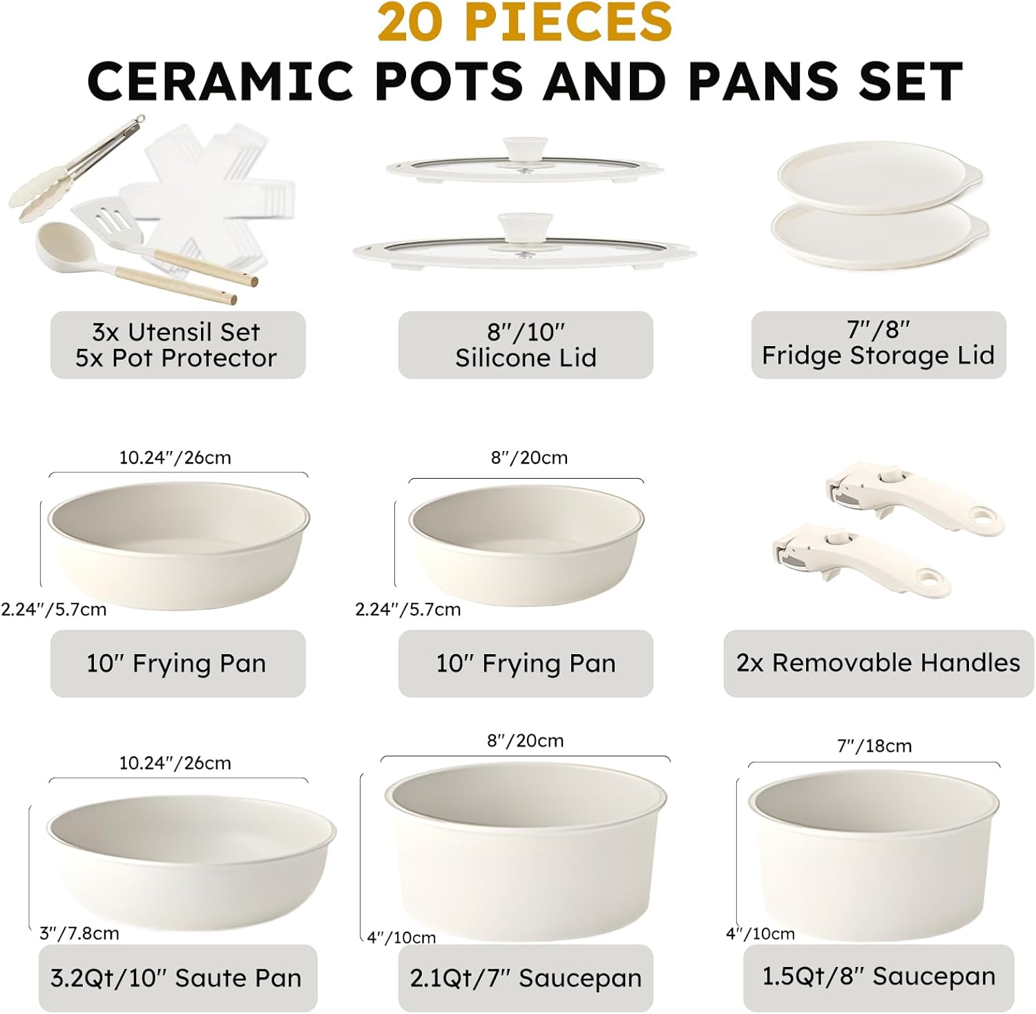 20 Piece Pots and Pans Set, Safe Nonstick Cookware Set Detachable Handle, Induction Kitchen Cookware with Removable Handle, RV Cookware Set, Dishwasher & Oven Safe image number 6