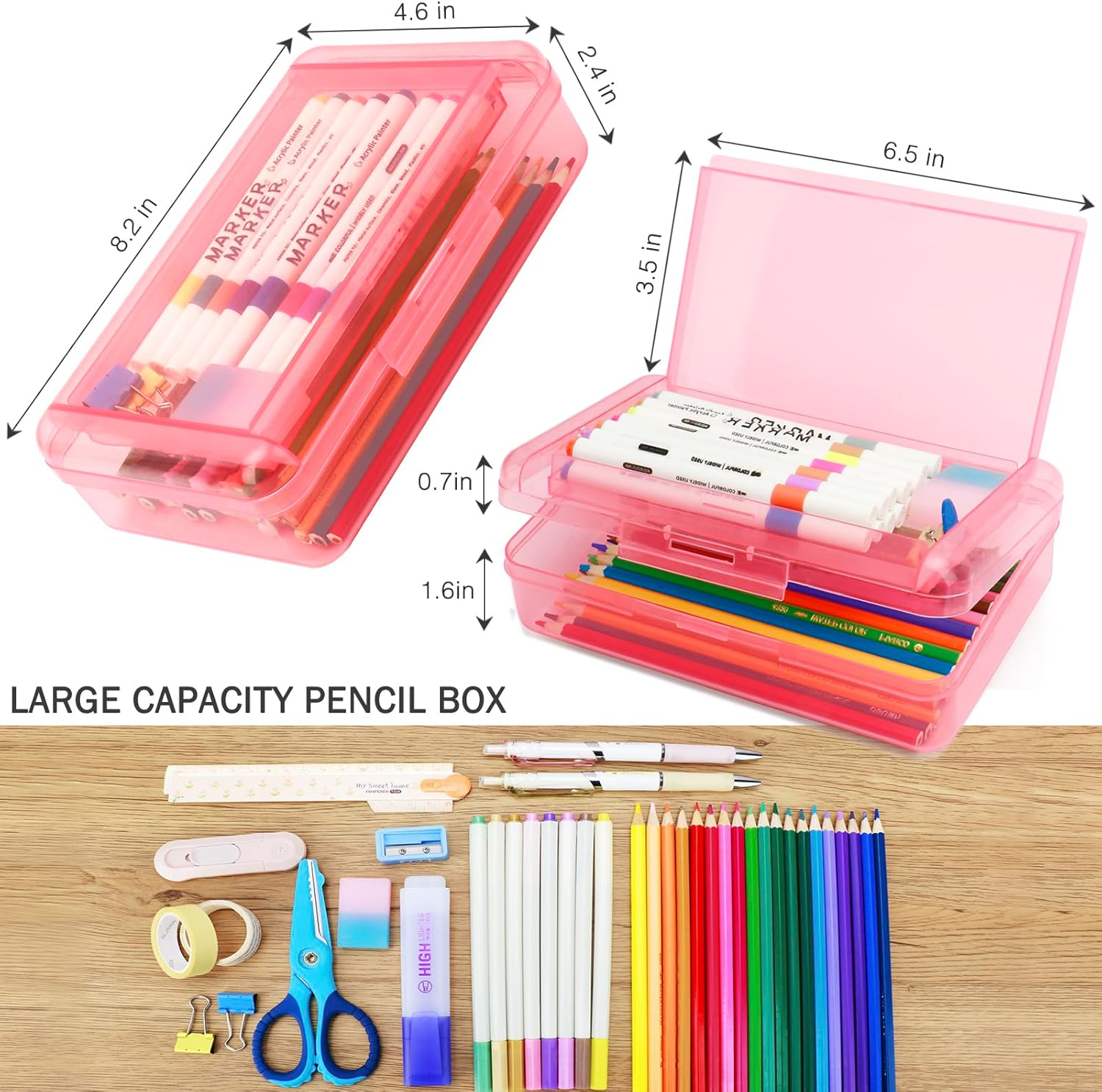Nuozme Double Layer Large Capacity Pencil Box,Plastic Translucent Pencil Box, Hard Pencil Cases with Snap-Tight Lid for Pens, Pencils, School Supplies,Office Supplies, Medium-Sized,1 Pack - Clear image number 4