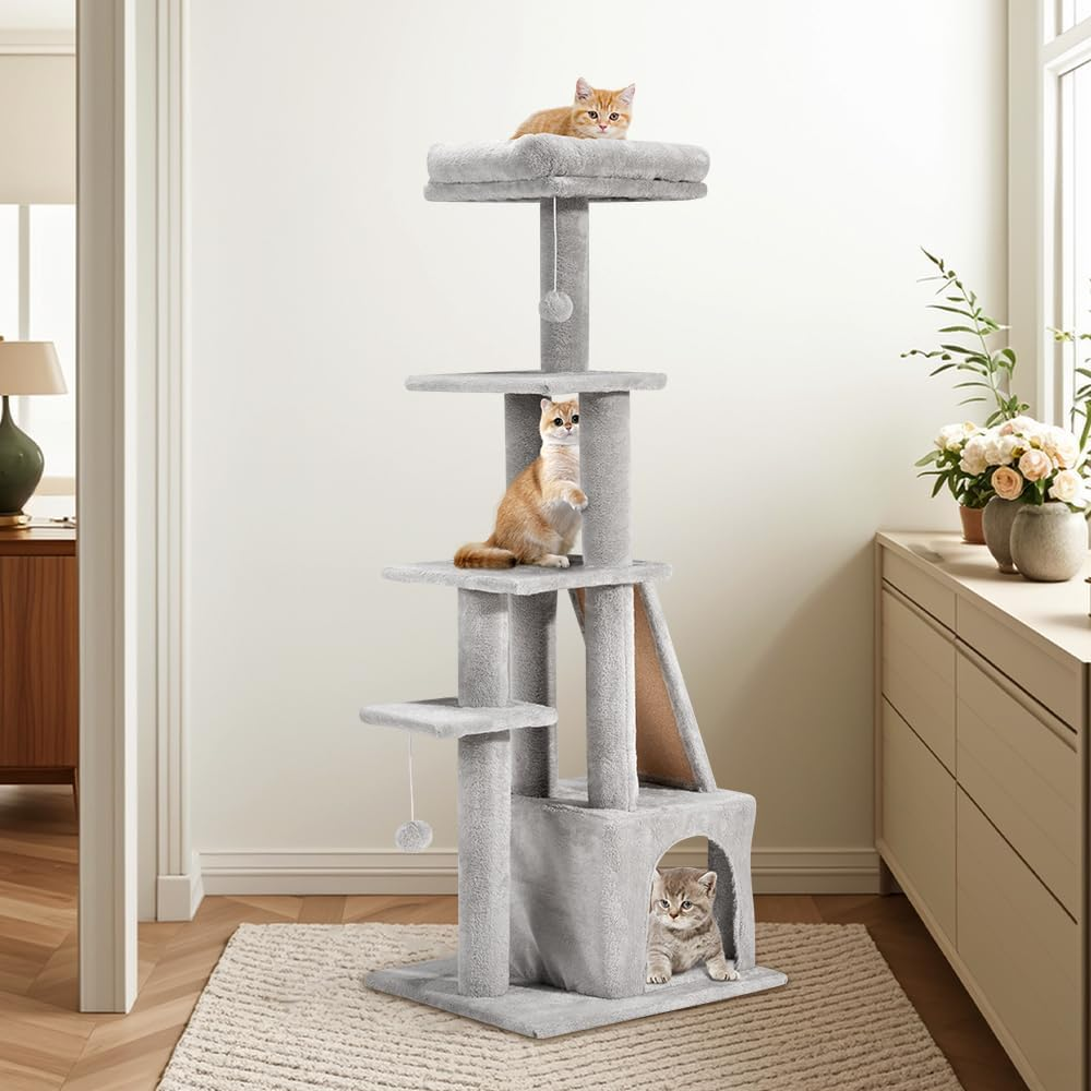 Cat Tower, 125Cm Cat Tree for Indoor Large Cats, Multi-Level Condo with Ladder, Hideaways, Pompoms and Toy, Grey image number 1