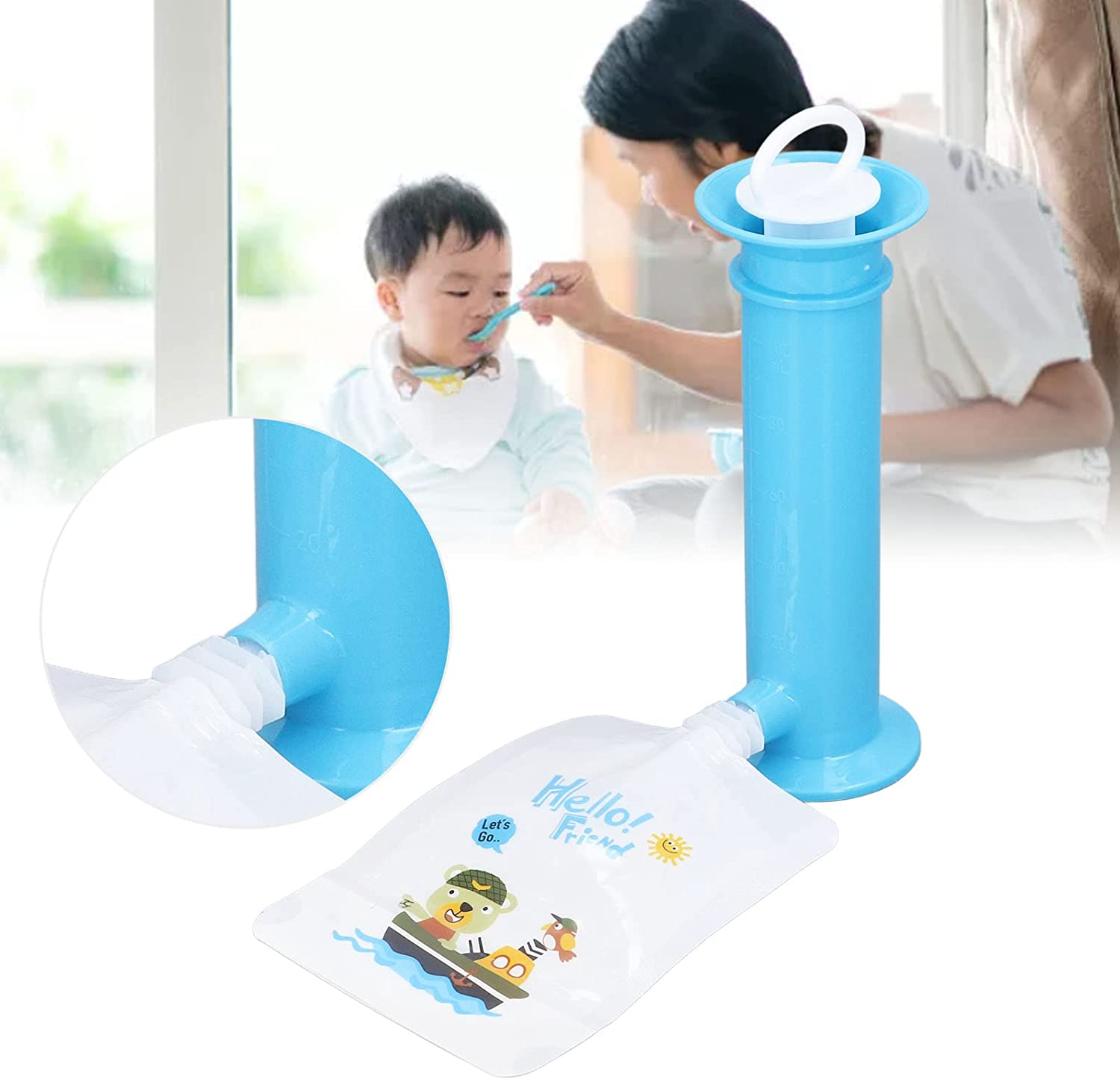 Squeeze Station, Reusable Pouch Filling Station with 6 Pouches for Infant, Babies and Toddlers, Portable Fruit Juice Food Maker for Homemade Baby Food, Semi Solid Food (Blue) image number 4