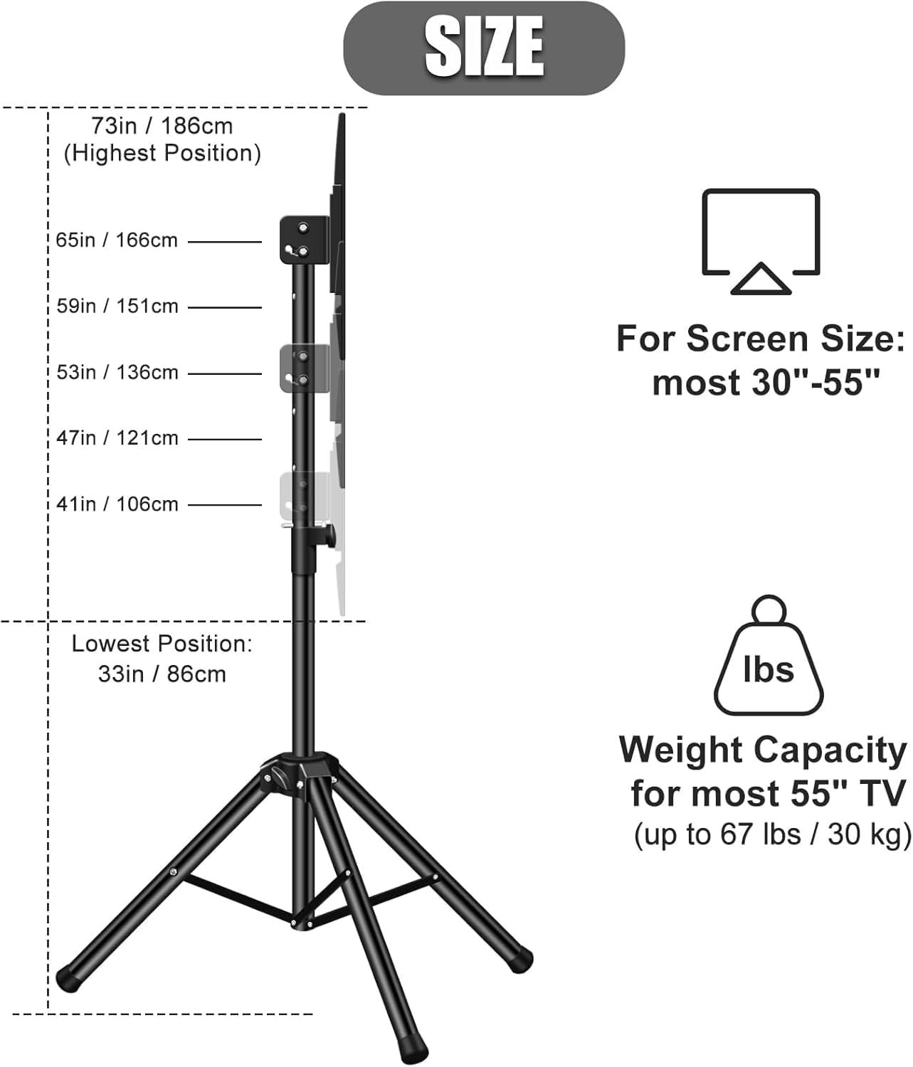 Portable TV Tripod Stand with TV Top Shelf Adjustable TV Stand Universal TV Tripod Outdoor Floor Stand for 30"-55" TV No Drilling Needed image number 6