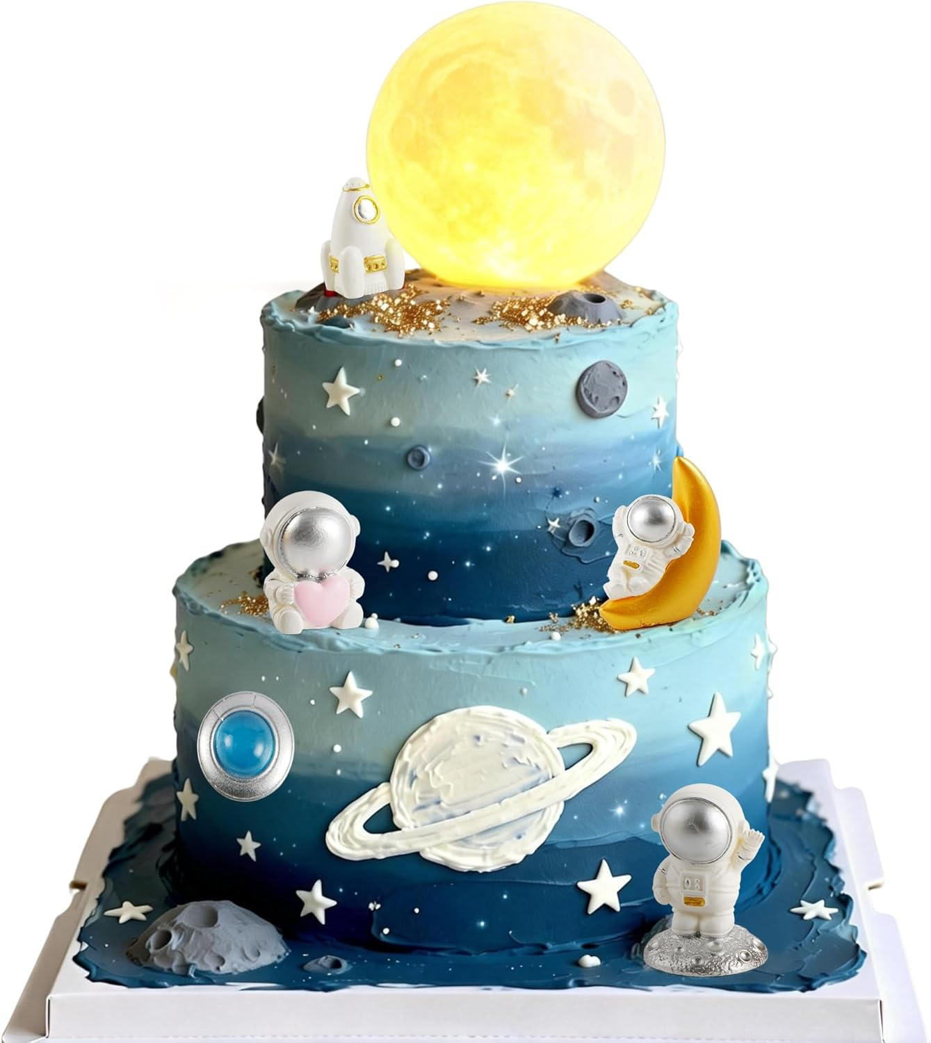 Moon Cake Topper,6Pcs Space Astronauts Diy Cake Decoration, 3D Soft Light Moon Cake Topper for Children Space-Themed Decoration Birthday Party Supplies, Cake Decoration (Yellow)
