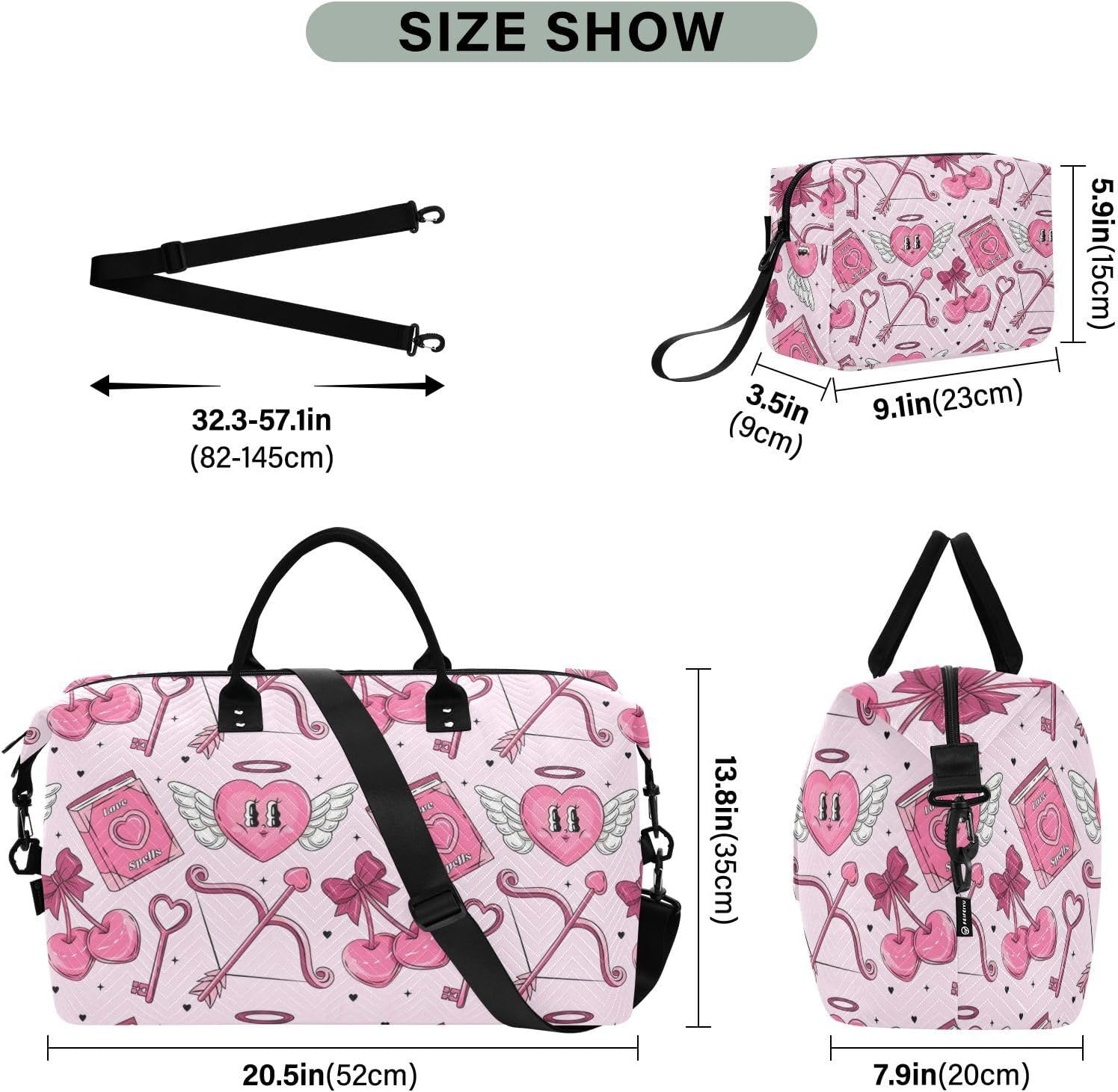 Peach Heart Cupid Personal Item Travel Bag Travel Weekender Gear Bag Gym Tote Bag with Toiletry Bag for Trekking 2 Pcs Set, Peach Heart Cupid, 1 Size image number 6