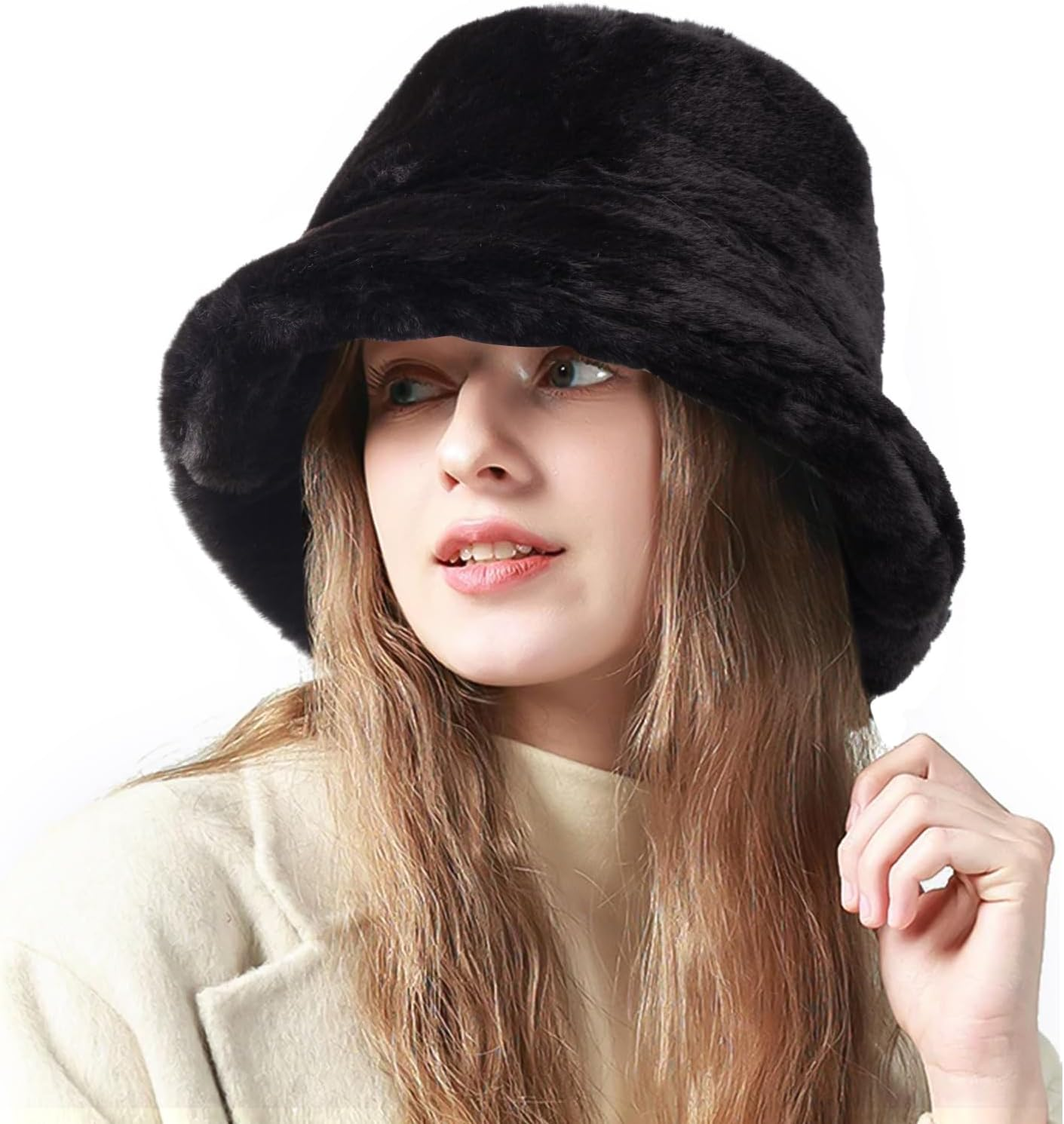 Fluffy Faux Fur Bucket Hat Winter Warm Hat for Women Men
