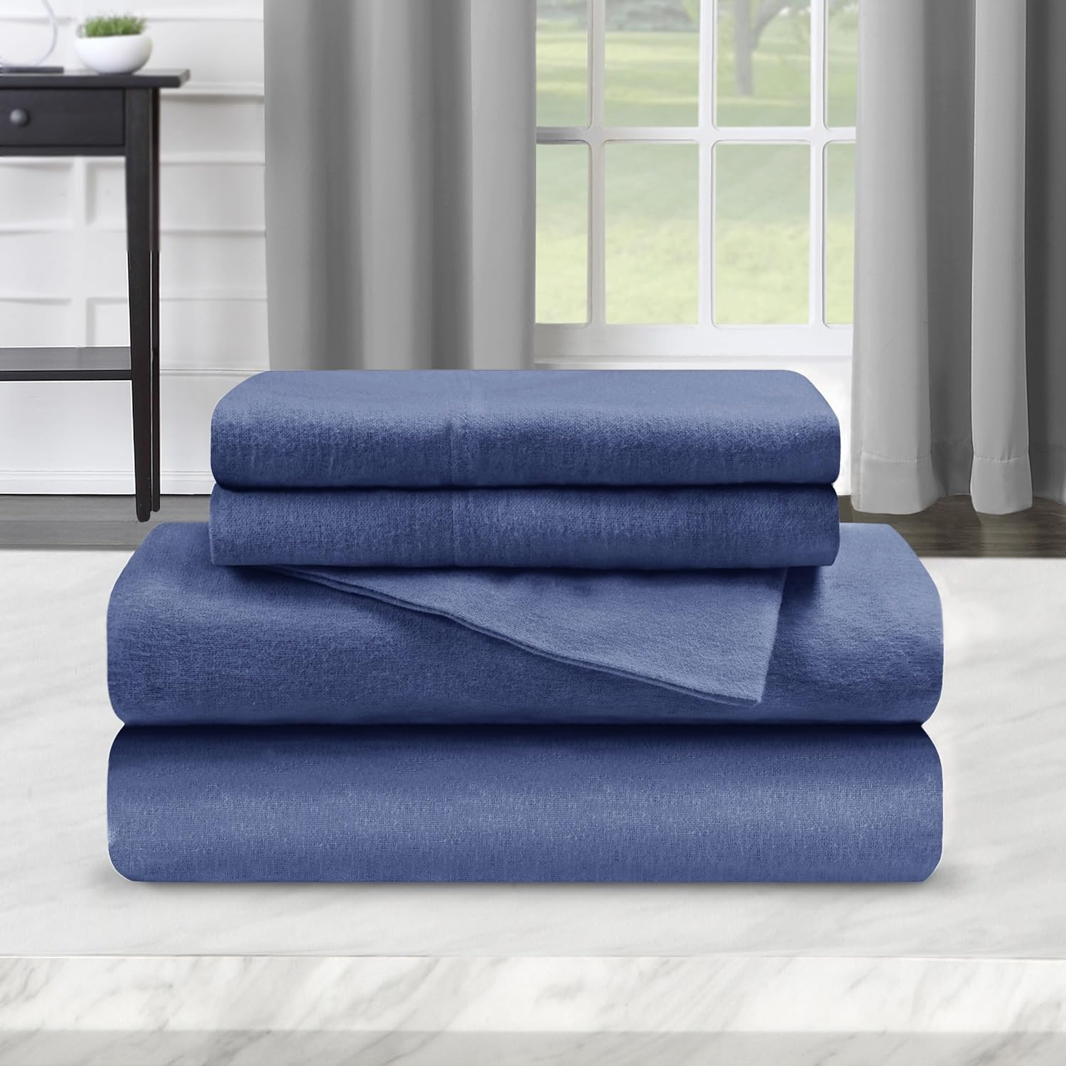 Flannel Cotton Sheet Set, Full, Solid Navy Blue image number 6