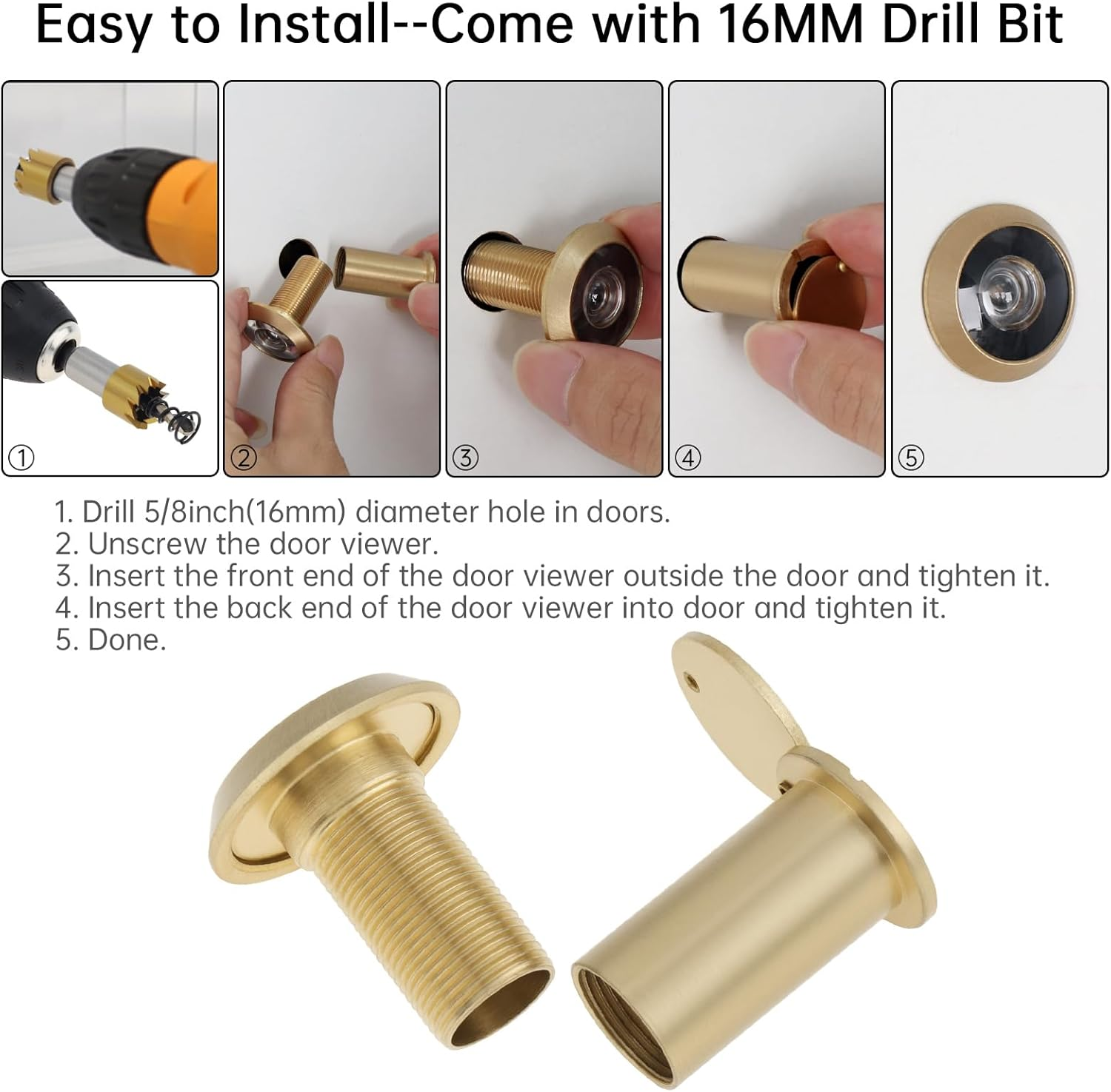 HOJLKLD Door Viewer Peephole, Solid Brass 200 Degree Viewer, 5/8 Inch Pipe Diameter Peephole with Privacy Cover for 1-3/8" to 2-1/6" Doors (Gold)