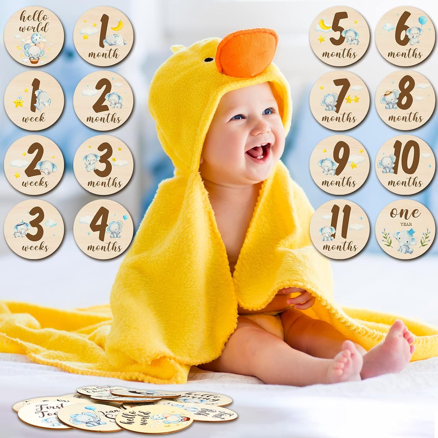16 Pieces Wooden Baby Monthly Milestone Cards Baby Monthly Milestone Marker Discs Double Sided Monthly Milestone Wooden Circles Baby Months Signs for Baby Shower Newborn Photo Props(Blue Elephant) - Fresh Flowers image number 2