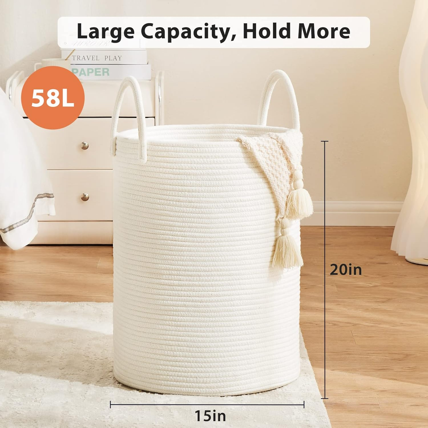 Fiona'S Magic White Woven Rope Laundry Basket, 58L Tall Basket for Blanket Storage, Large Baby Nursery Hamper Laundry, Decorative Clothes Bedroom, Living Room image number 5