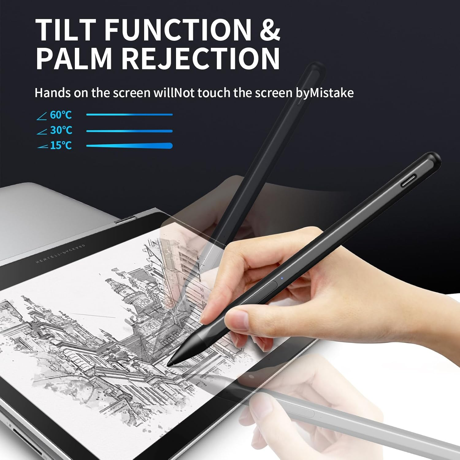 QUAGGY Stylus Pen for Microsoft Surface Pro 11/10/9/8/7/6/5/4/3/X Surface Laptop/Book/Surface Go3 Go2, 4096 Tilt Pressure, Magnetic Attachment, USB-C Fast Charging, Palm Rejection Function. (Black) - Blue image number 7