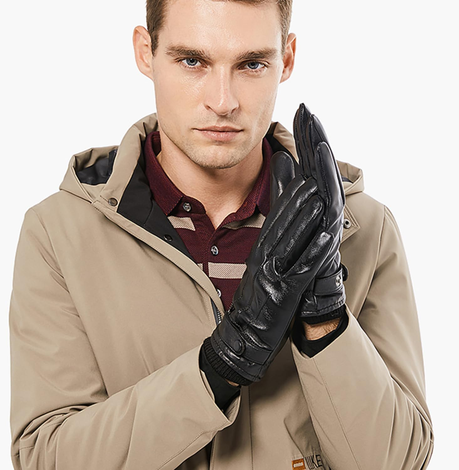 BISON DENIM Men'S Leather Gloves Warm Cashmere Lining Windproof Gloves Touchscreen Function image number 1