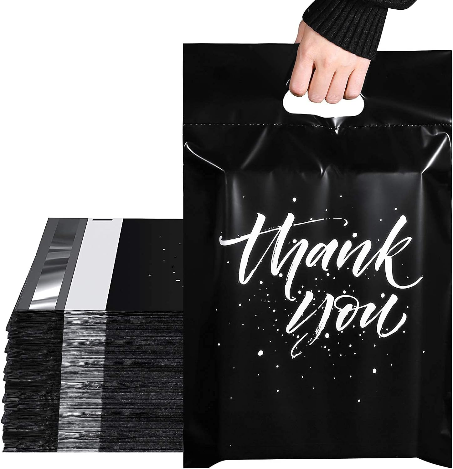 Switory 100Pcs Parcel Bags for Posting Clothes 305X394Mm with Handle - Self Adhesive Postal Mailing Bags 12X15.5 Package for Clothing - Black with Thank You Design image number 2