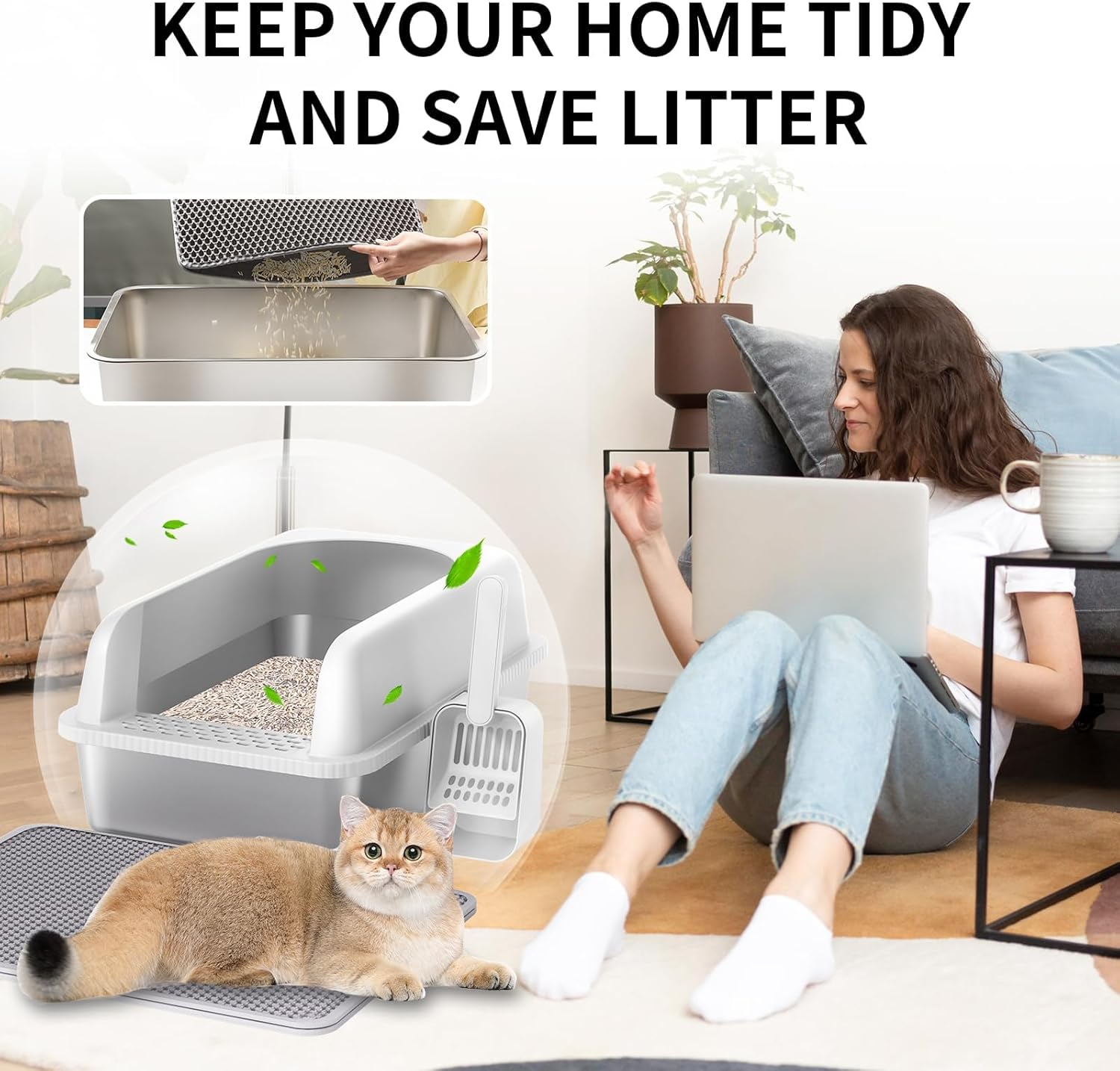 SIMTWO 2 Pack Stainless Steel Cat Litter Box with Lid XXL 61Cm X 41Cm X 30Cm, Extra Large Cat Litter Box for Big Kitty Semi-Enclosed with Cat Litter Mat & Scoop