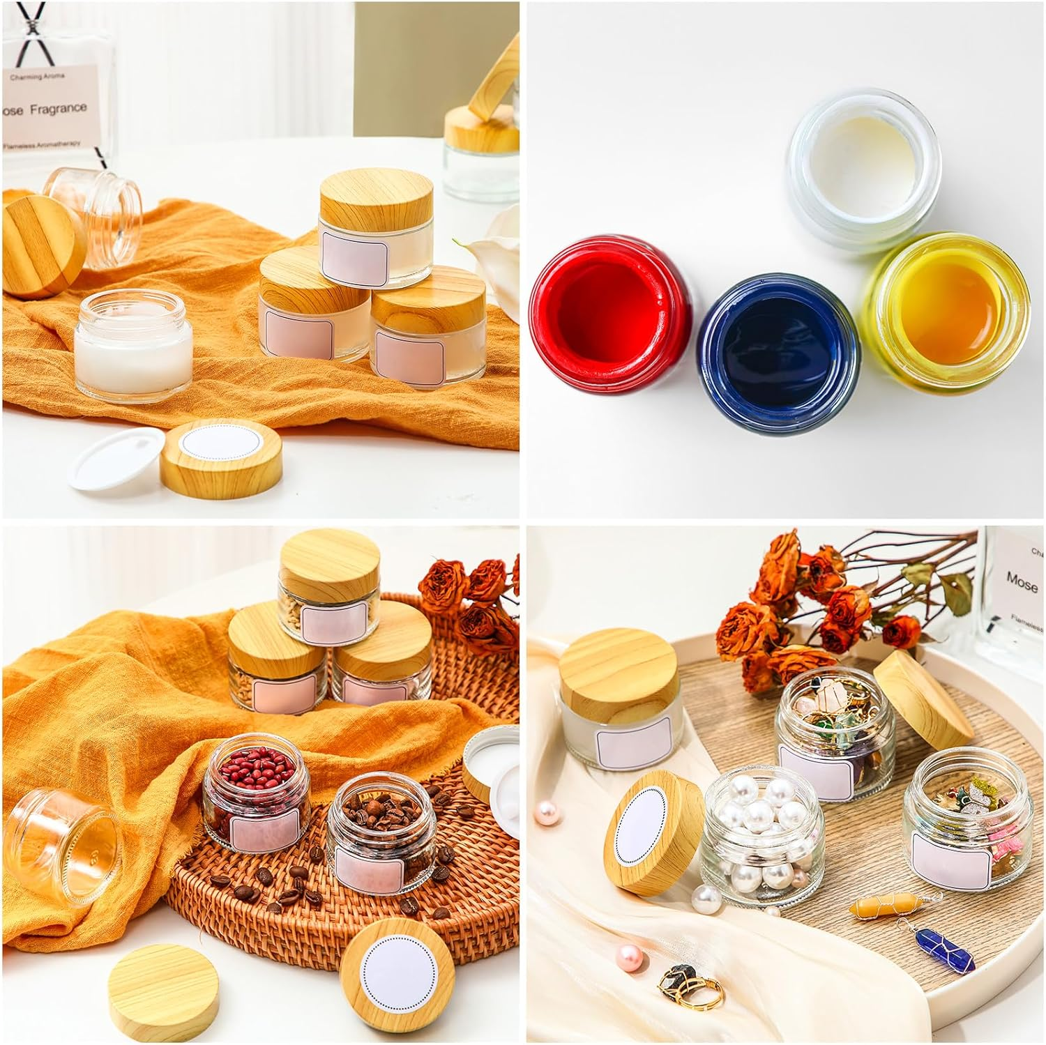 Layhit 64 Pcs 2Oz Glass Jars with Lids Clear Small Jars with Plastic Woodgrain Lids, White Labels and Inner Liners Empty round Cosmetic Containers for Creams Lotions Candle Making(2Oz/ 60Ml) image number 1