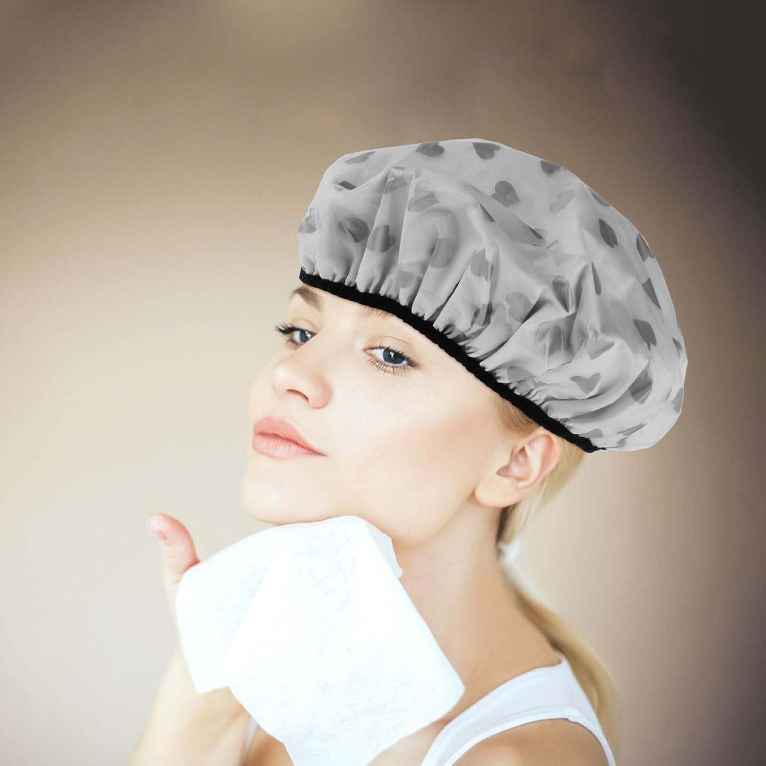 TEMPNAP 2Pcs Reusable Double Tin Foil Hair Cap for Deep Conditioning and Oil Treatment Anti-Static Shower Hat for Long Hair Elastic Stylish Design for Home and Salon Use Gray Heart image number 4