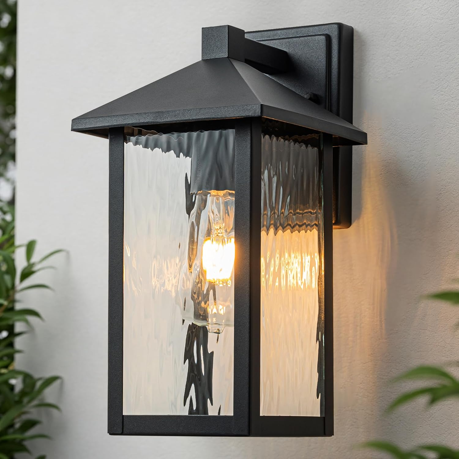 FTL Outdoor Wall Light Fixture, E27 Exterior Wall Light, Modern outside Porch Light with Water-Rippled Glass, IP44 Waterproof Outdoor Wall Sconce Lamp for Garden, House, Garage, Matte Black image number 3