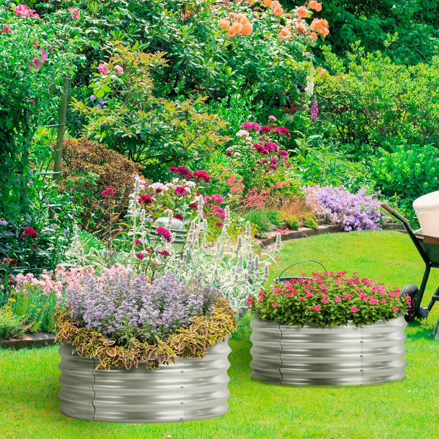 Round Galvanized Raised Garden Bed Kit Outdoor Galvanized Planter Box, above Ground Garden Planter for Flowers Vegetables, 2X2X1Ft